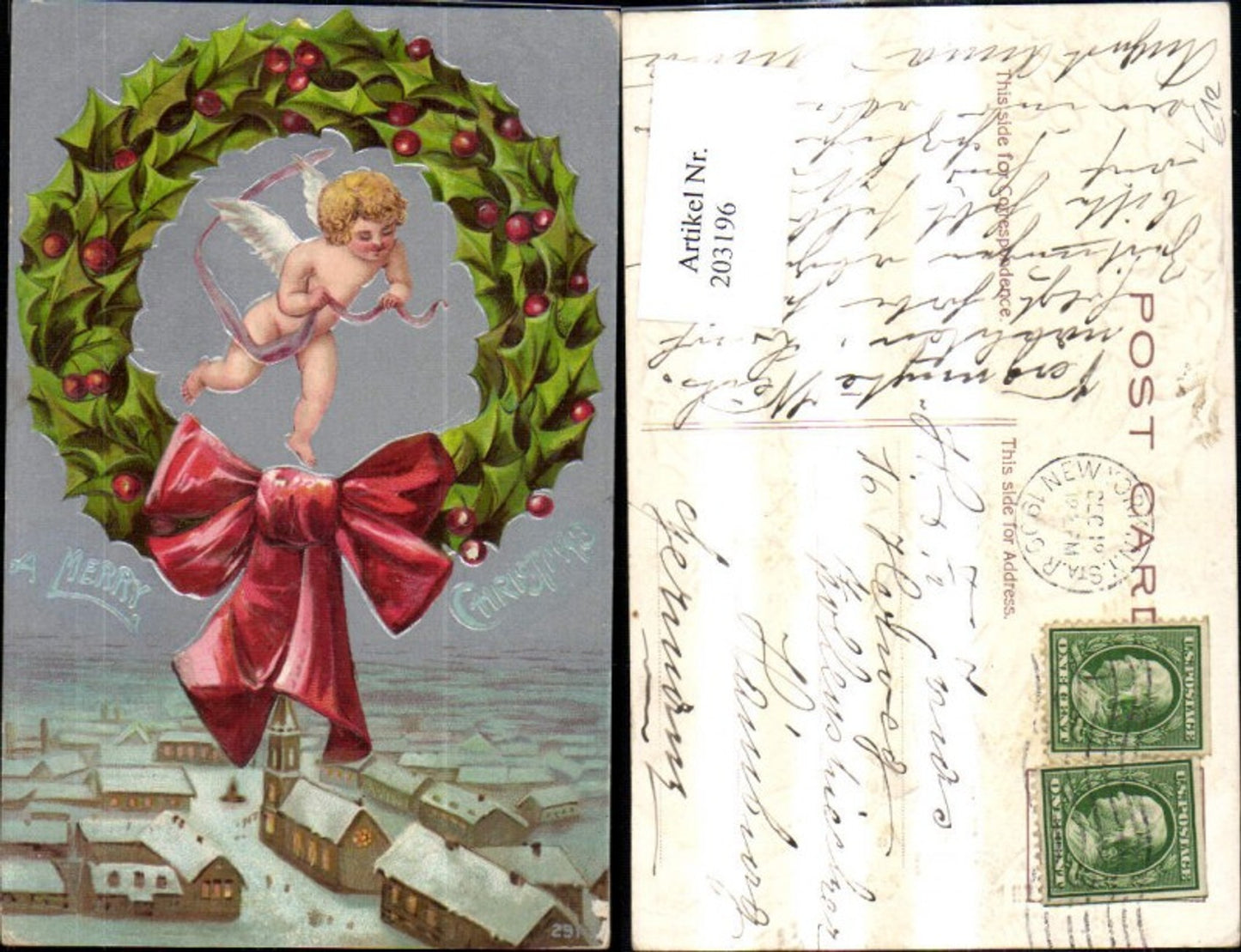 203196, Christmas embossing lithograph Cupid holly wreath ribbon over winter town Merry Christmas