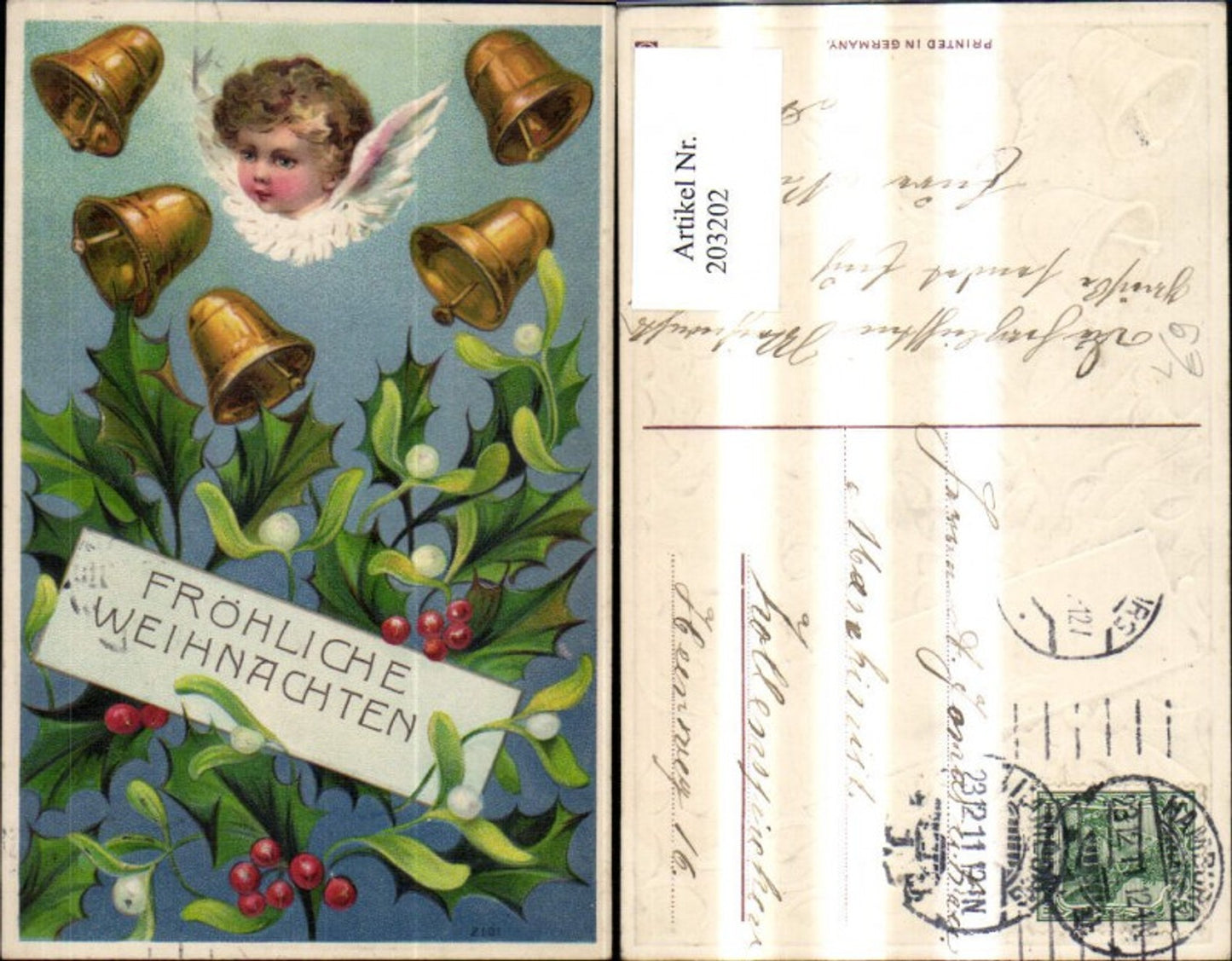 203202, Christmas embossing lithograph angels bells mistletoe branches holly branches