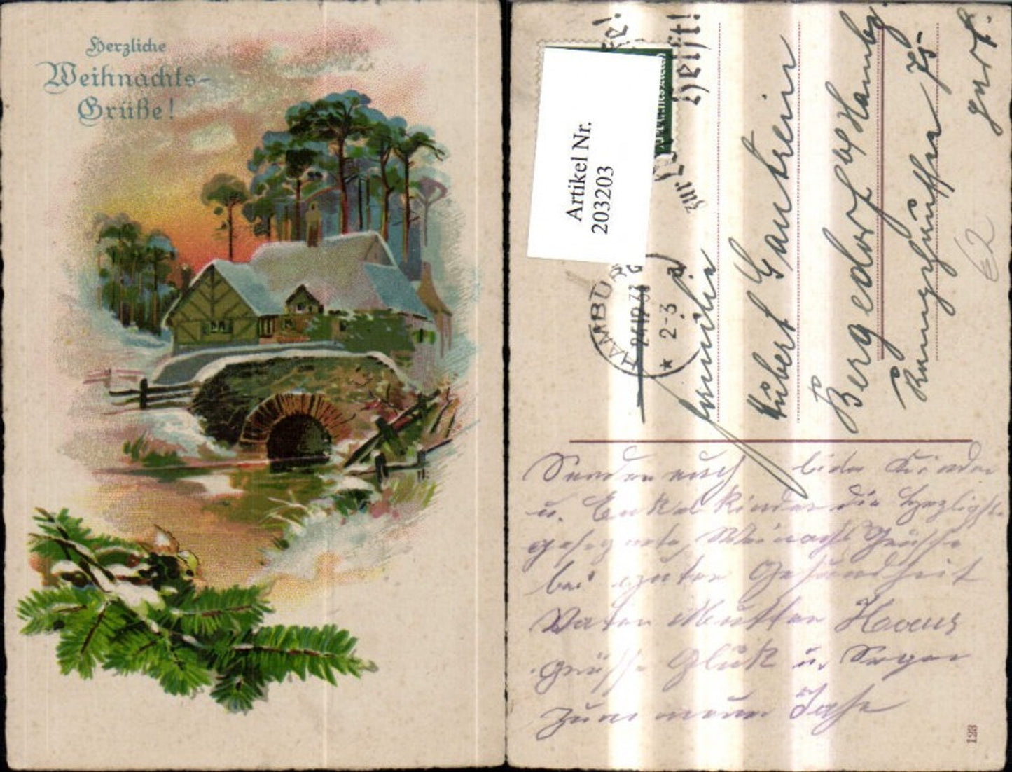203203, Christmas Winter village Bridge with fir branch in the foreground