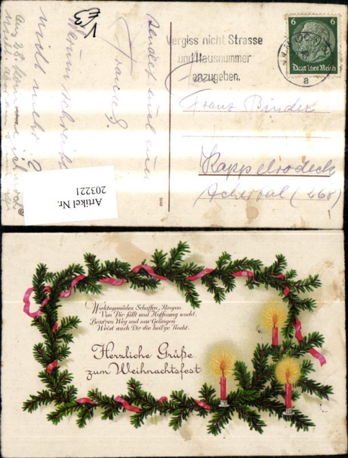 203221,Weihnachten Tannen Kranz m. Kerzen Schleife Spruch Text pub EAS 1322