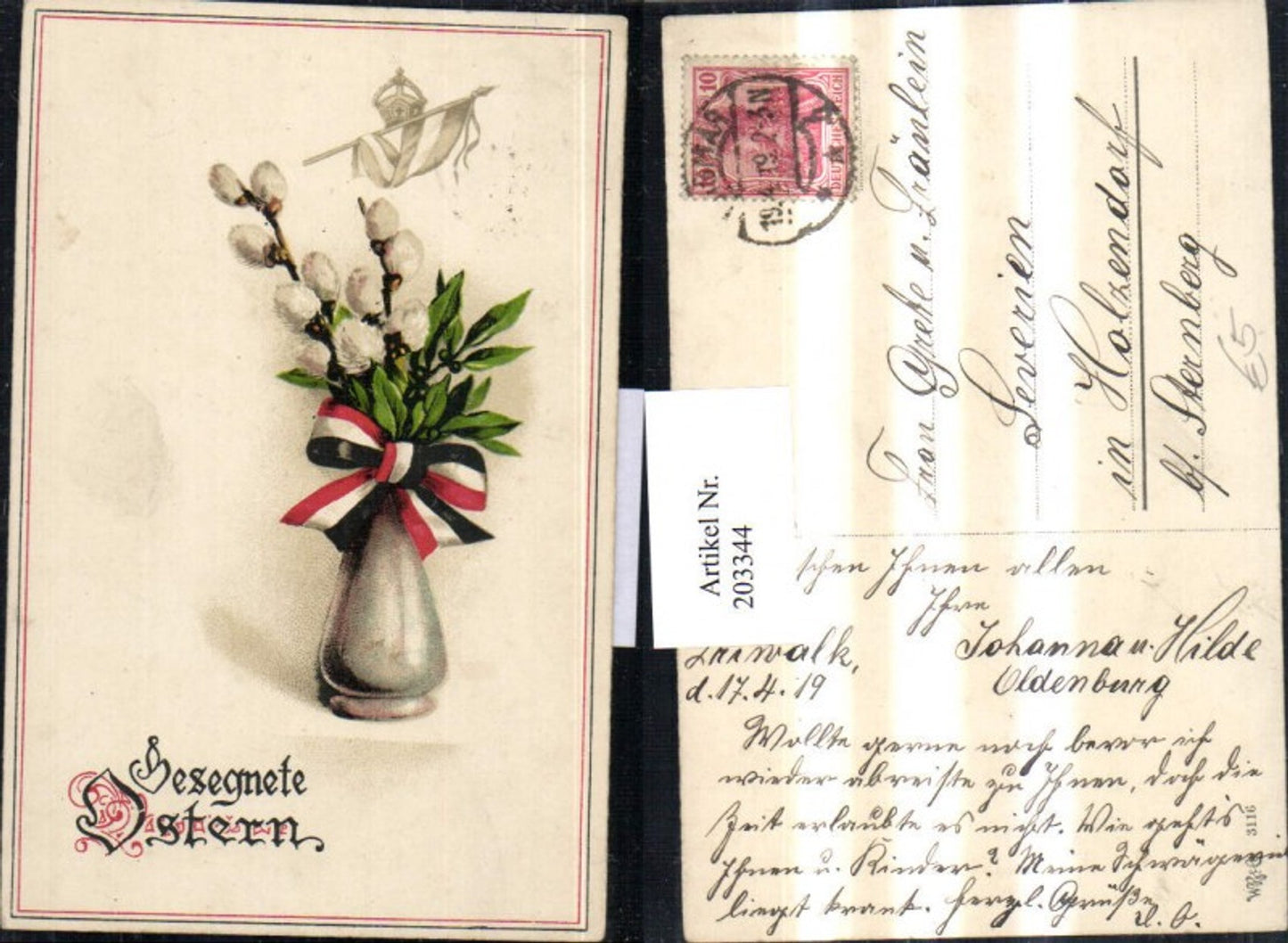 203344,Ostern Vase m. Palmzweige Schleife Patriotik