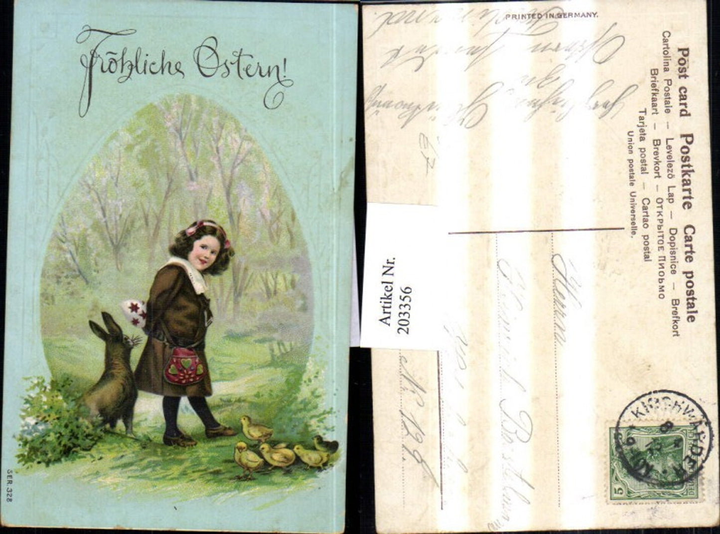 203356, Embosser Lithograph AK Easter Girl with Egg Rabbit Chick