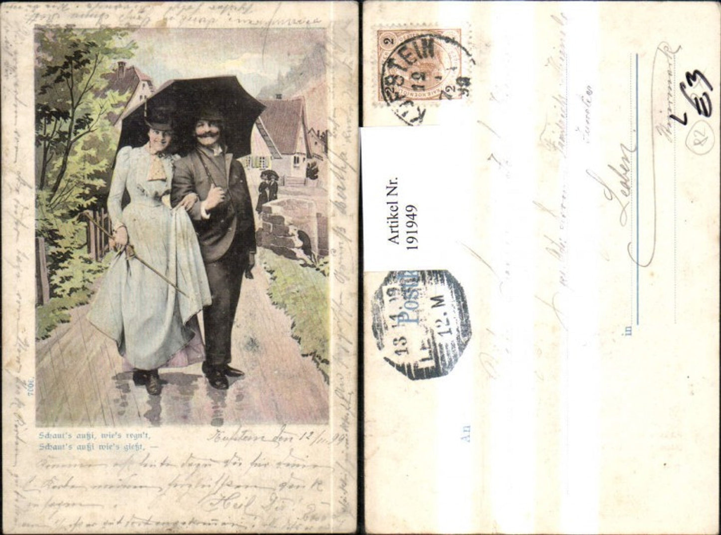191949,Künstler Litho AK Frau u. Mann gehen im Regen spazieren Schirm