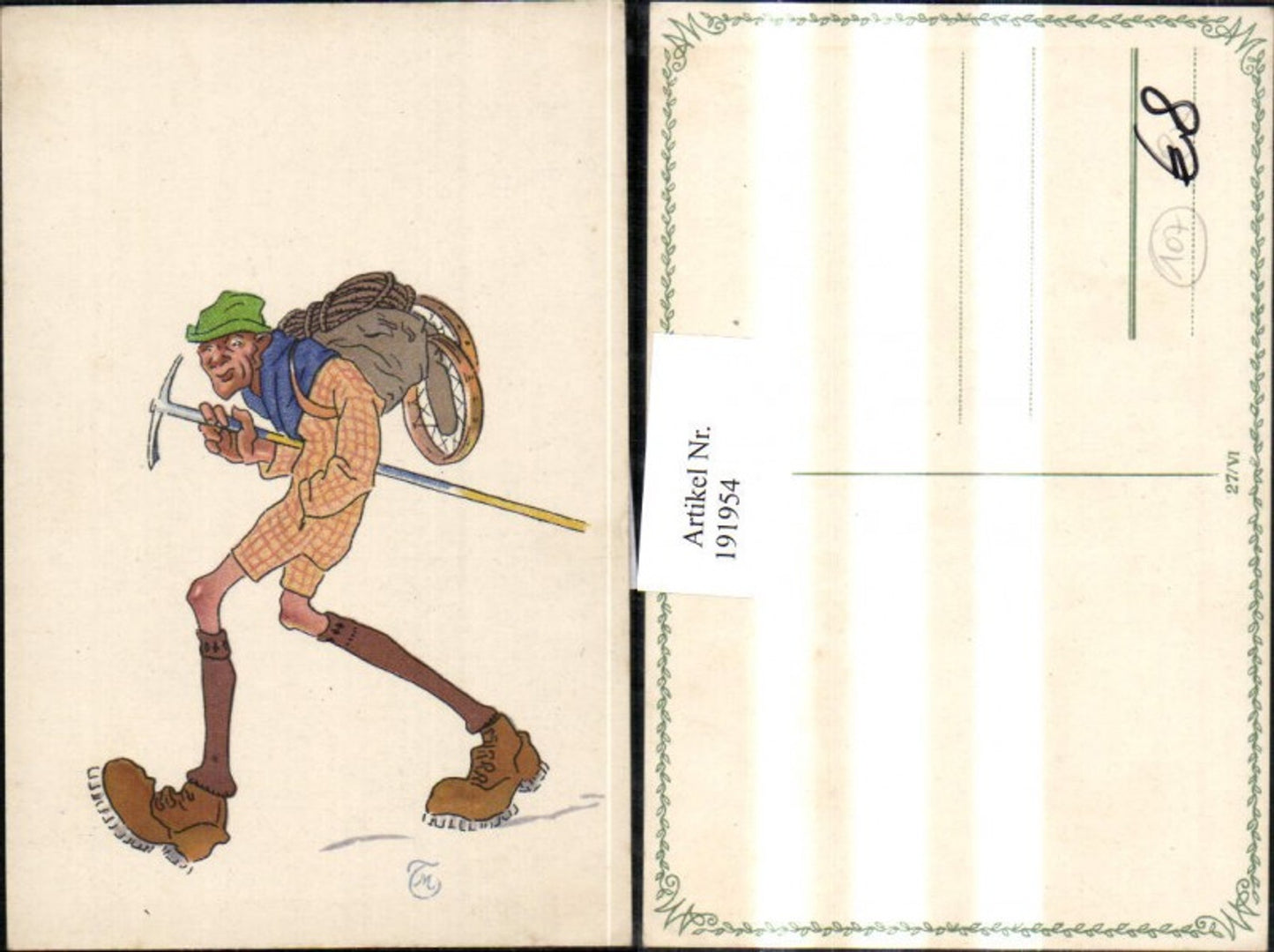 191954,Künstler AK Mann m. Bergschuhen Seil Hacke Hut