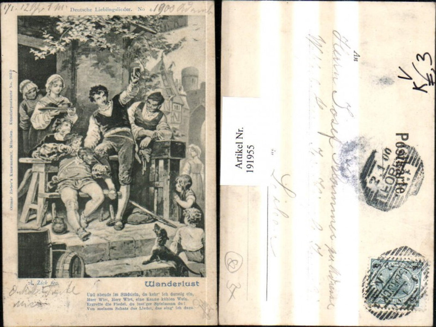 191955,Künstler AK A. Zick Wanderlust Gedicht Geige Hund Weinglas Wein pub Ottmar Zieher 2039