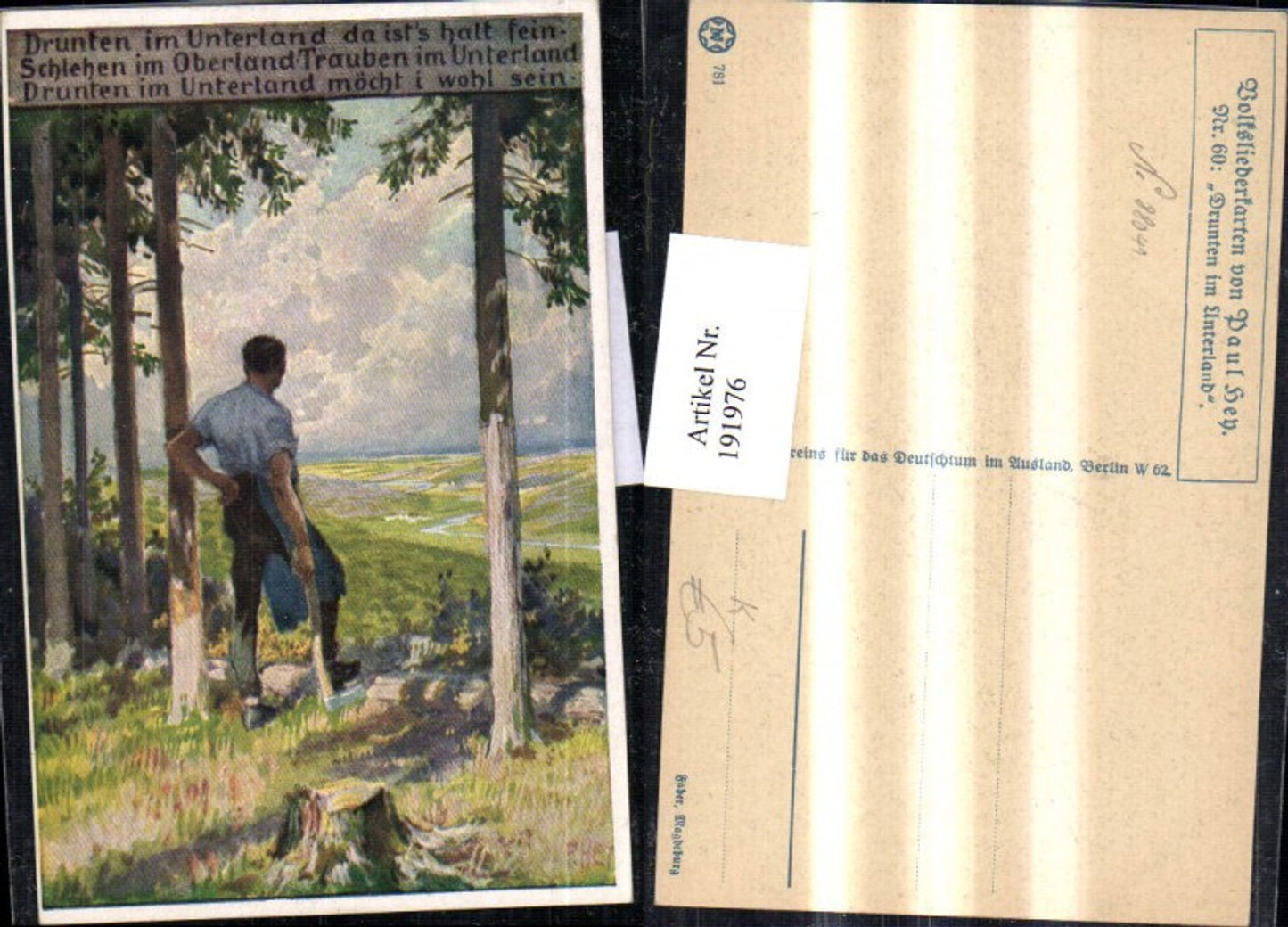 191976, Artist AK Paul Hey Folk Song Card 60 Men with Axe Landscape pub Association German Abroad VDA Novolito 781