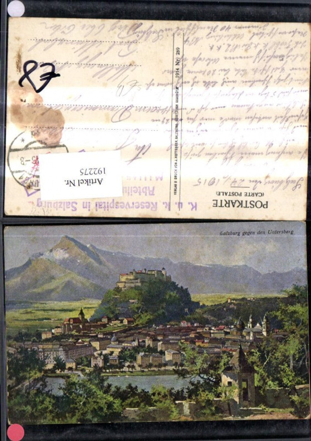 192275, Artist T. Guggenberger Salzburg against the Untersberg Stamp K. uk Reserve Hospital in Salzburg Department IV VM
