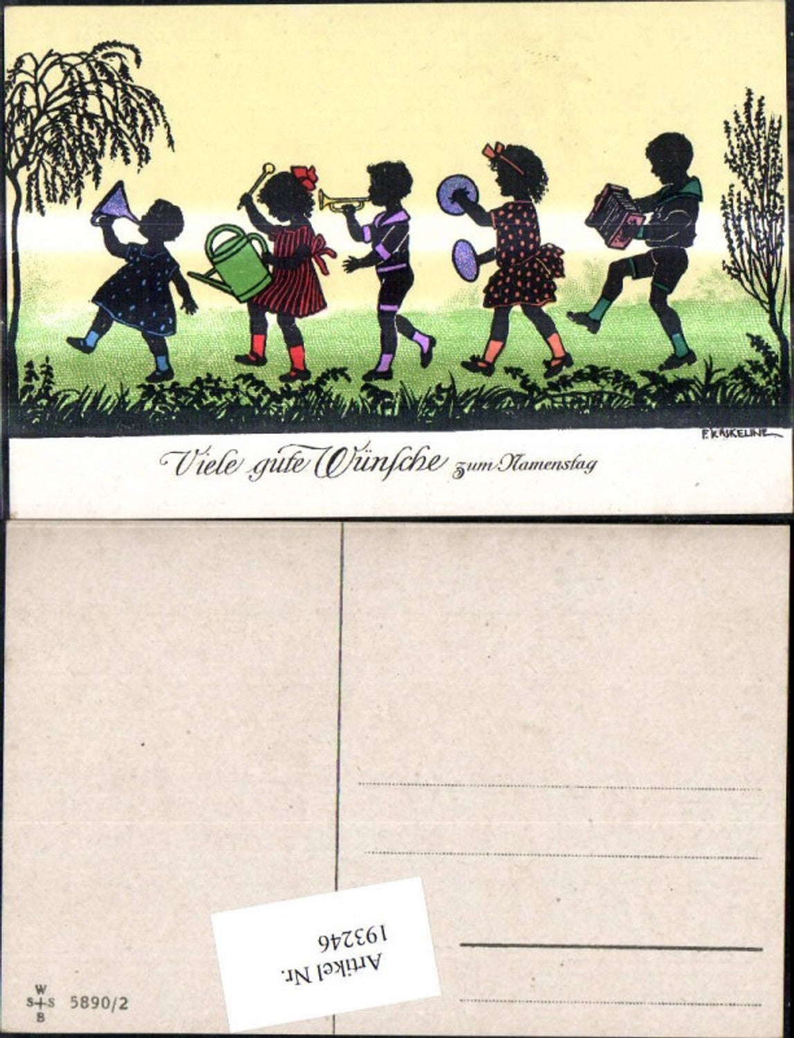 193246,Künstler Ak F. Kaskeline Scherenschnitt Silhouette Kinder Musizieren Instrumente Gießkanne Namenstag