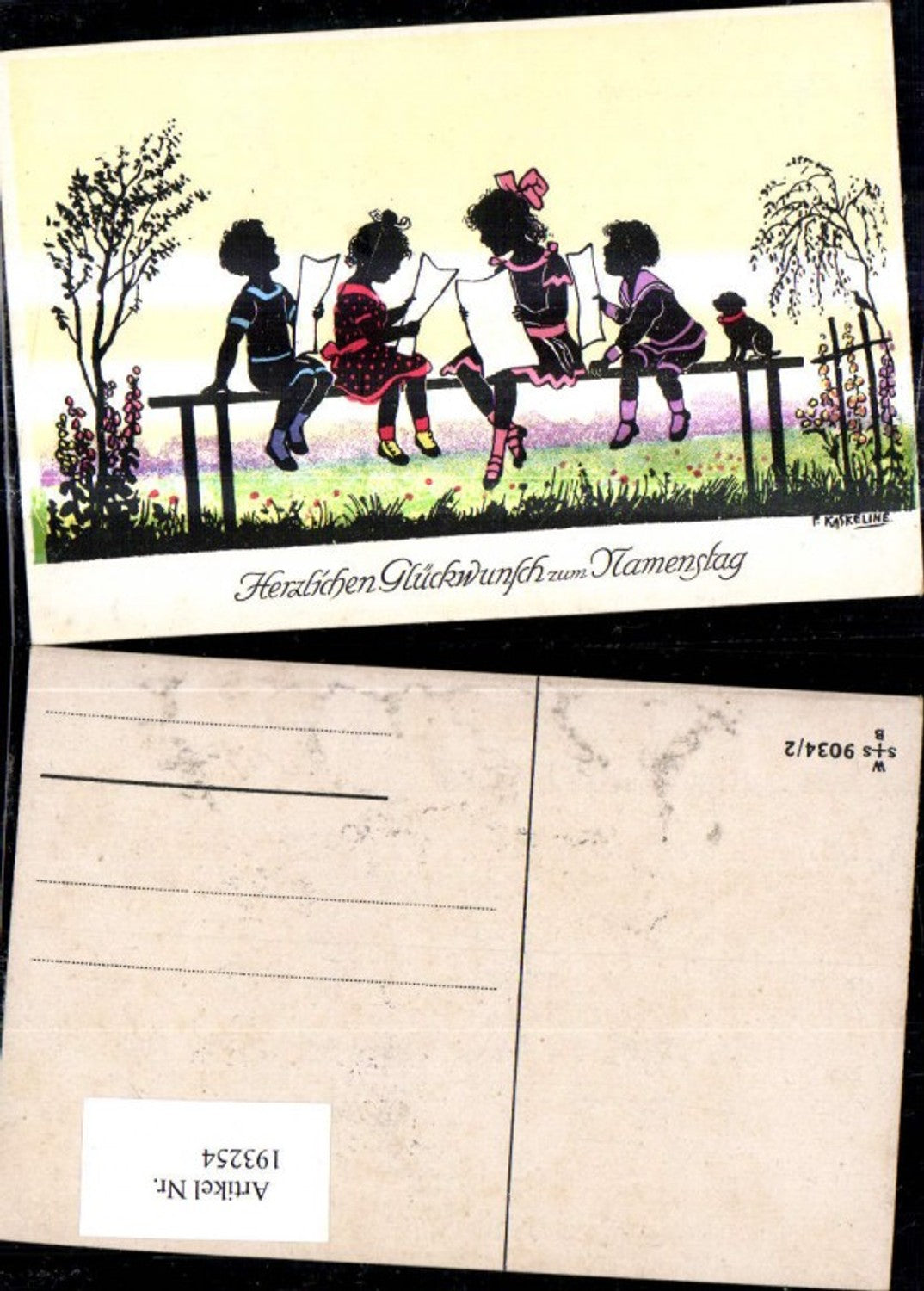 193254,Künstler Ak F. Kaskeline Scherenschnitt Silhouette Kinder b. Singen Notenblätter Blatt Papier Hund Namenstag