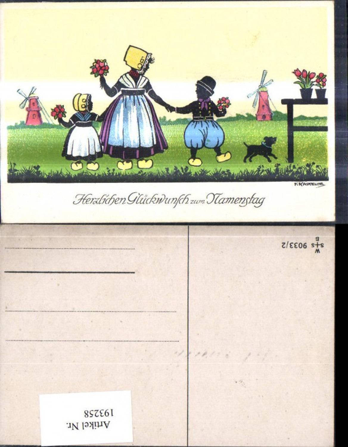 193258,Künstler Ak F. Kaskeline Scherenschnitt Silhouette Kinder Frau Blumen Hund Holland Flander Windmühle Namenstag