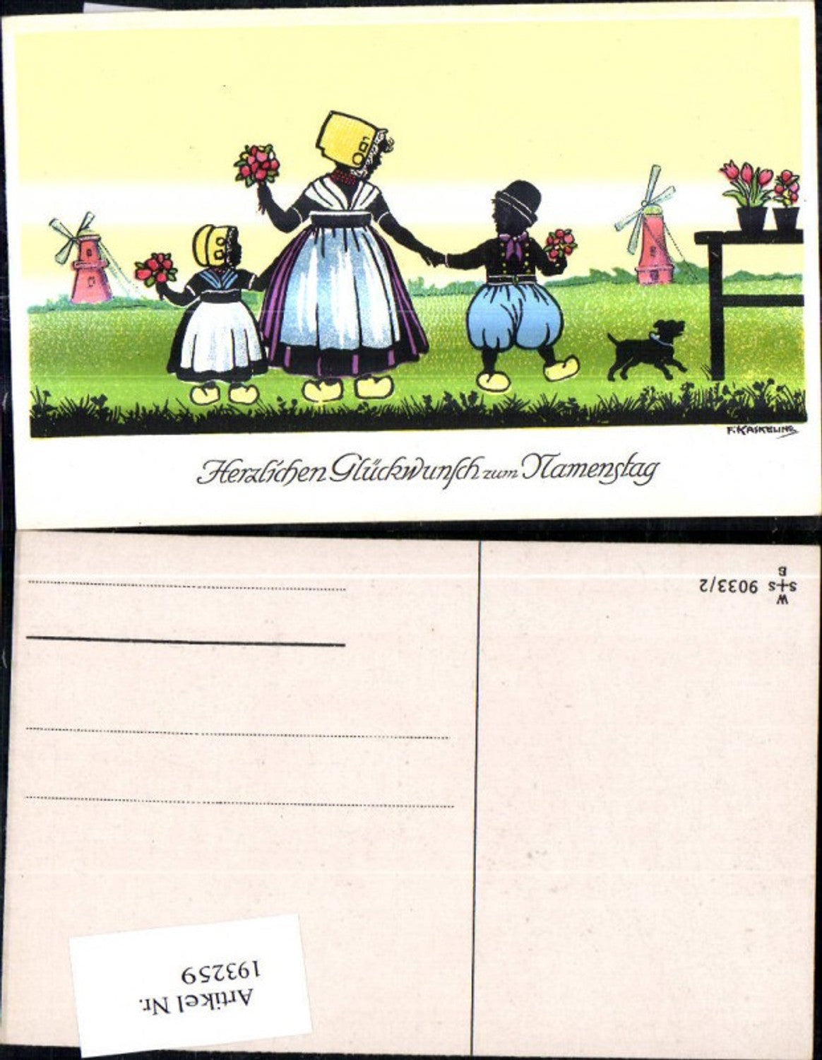193259,Künstler Ak F. Kaskeline Scherenschnitt Silhouette Kinder Frau Blumen Hund Holland Flander Windmühle Namenstag