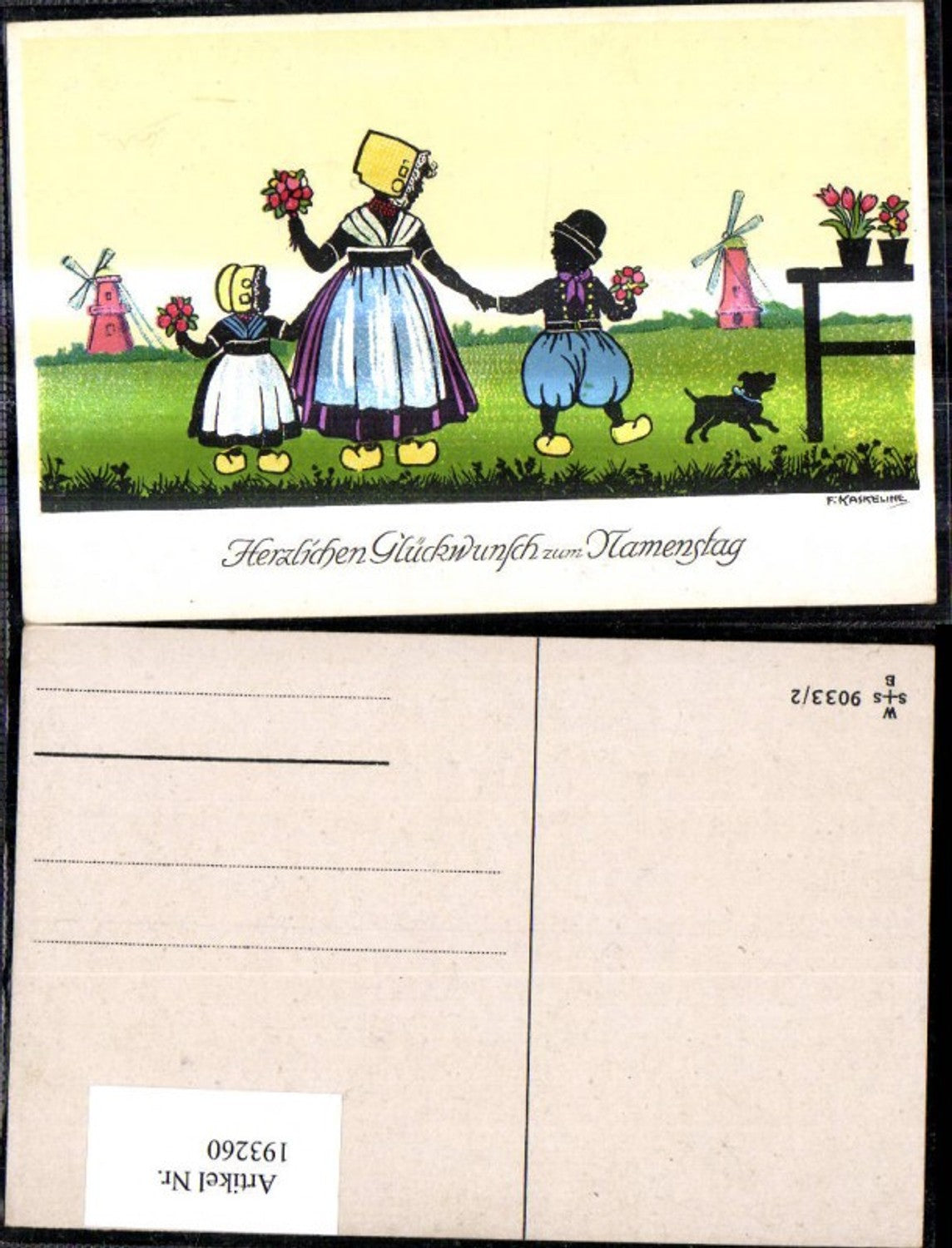 193260, Artist Ak F. Kaskeline, paper cutout, silhouette, children, woman, flowers, dog, Holland, Flanders, windmill, name day