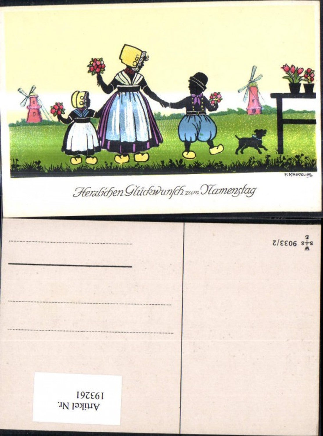 193261,Künstler Ak F. Kaskeline Scherenschnitt Silhouette Kinder Frau Blumen Hund Holland Flander Windmühle Namenstag