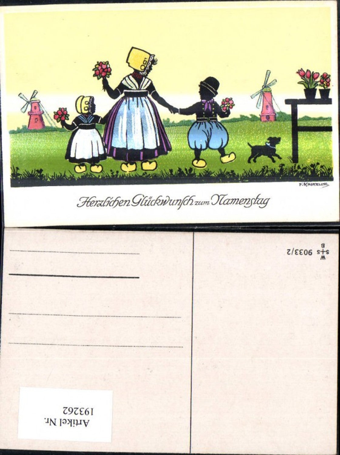 193262,Künstler Ak F. Kaskeline Scherenschnitt Silhouette Kinder Frau Blumen Hund Holland Flander Windmühle Namenstag