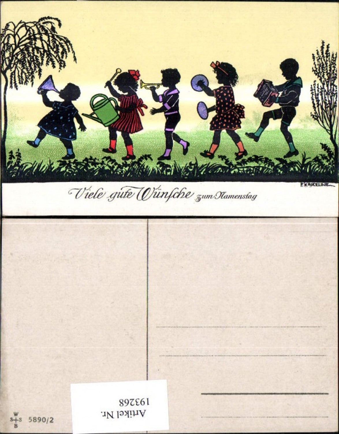 193268,Künstler Ak F. Kaskeline Scherenschnitt Silhouette Kinder Musizieren Instrumente Gießkanne Namenstag