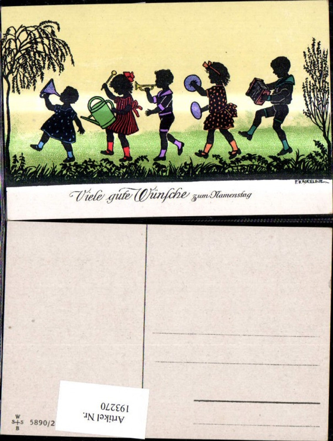 193270, Artist Ak F. Kaskeline, paper cutout, silhouette, children, making music, instruments, watering can, name day