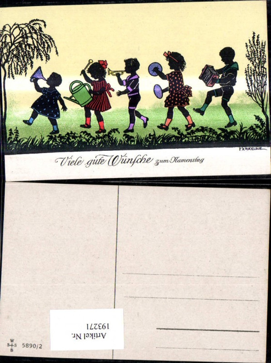 193271, Artist Ak F. Kaskeline, paper cutout, silhouette, children, making music, instruments, watering can, name day