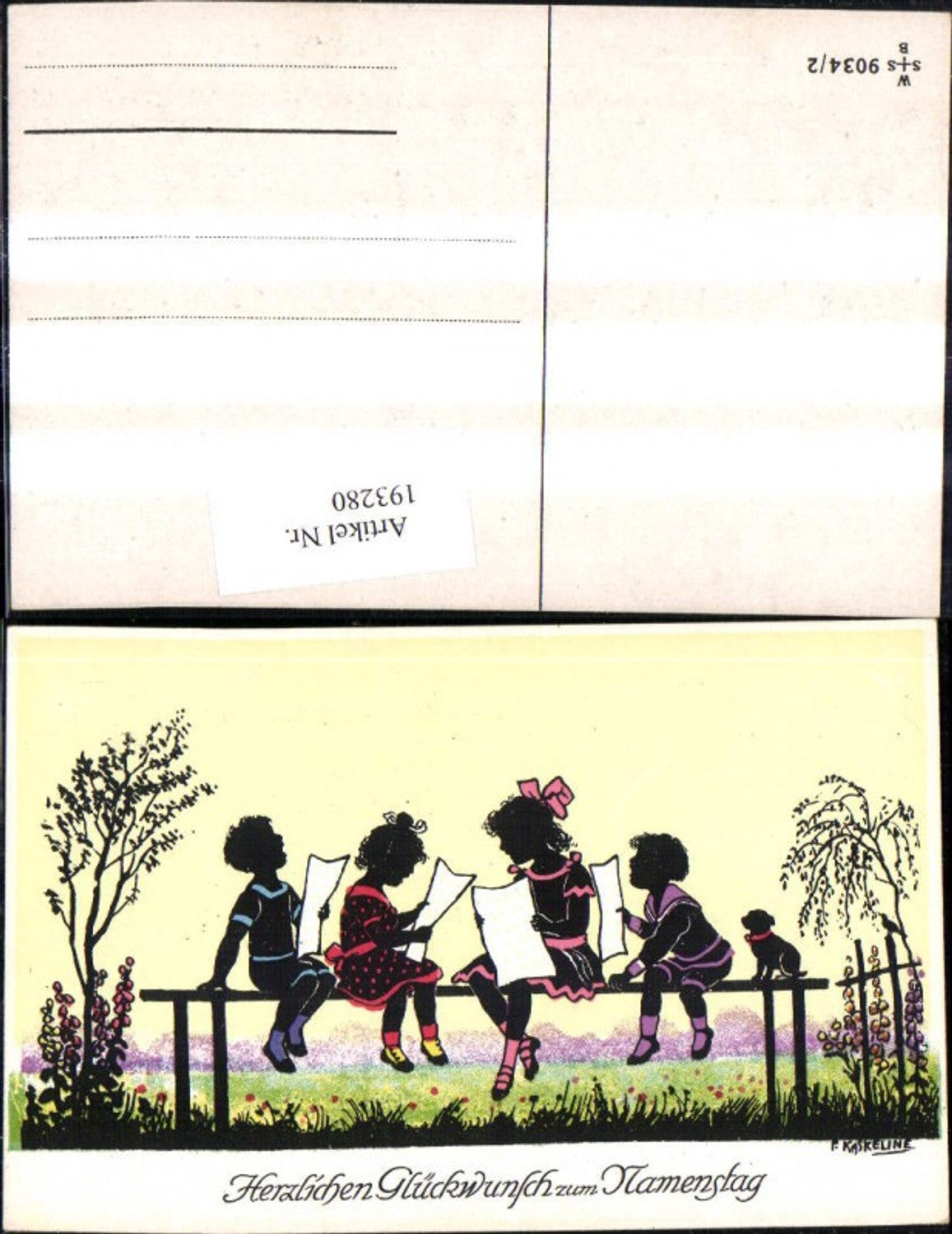 193280,Künstler Ak F. Kaskeline Scherenschnitt Silhouette Kinder b. Singen Notenblätter Blatt Papier Hund Namenstag