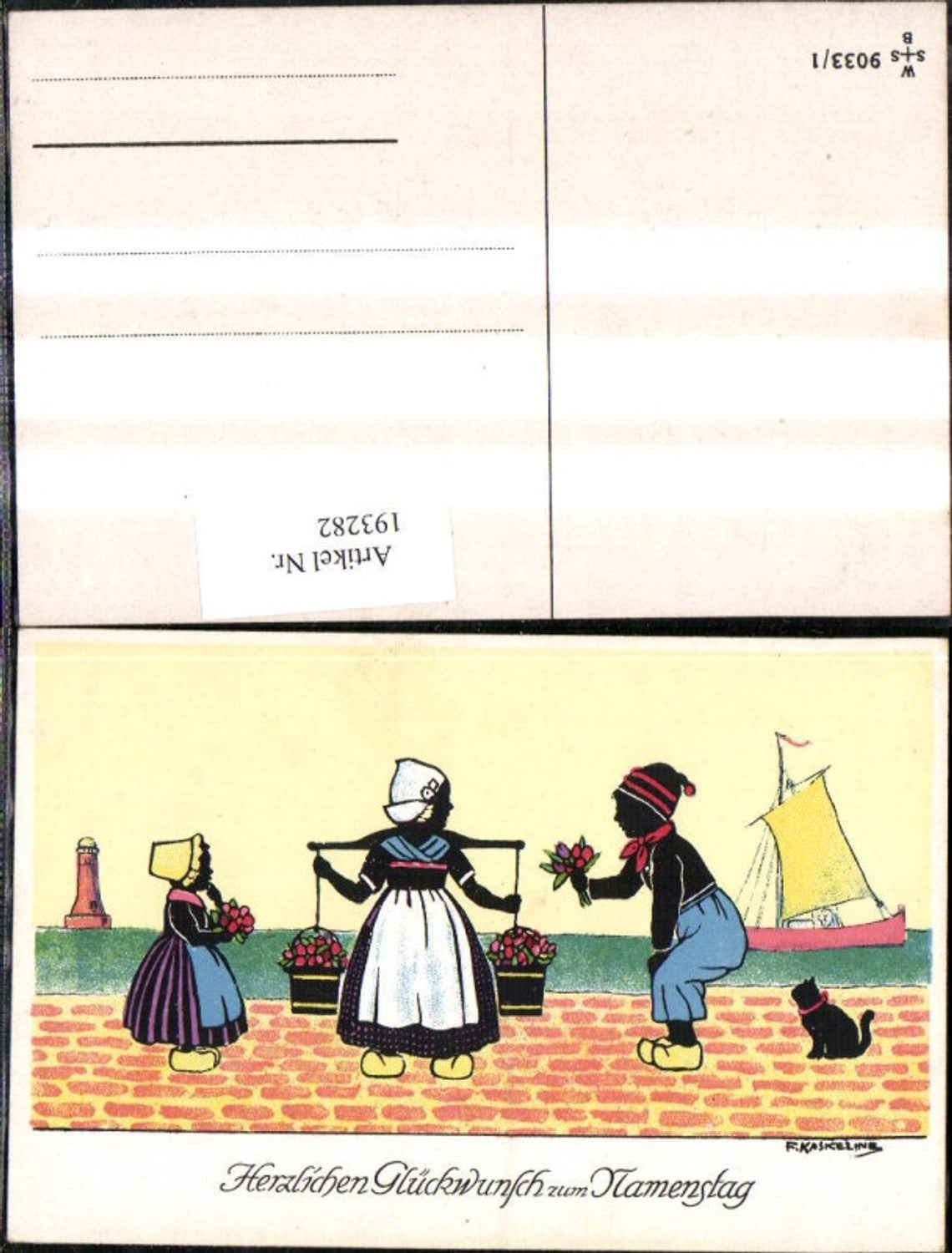 193282,Künstler Ak F. Kaskeline Scherenschnitt Silhouette Frau Mann Kind Kübel Eimer Blumen Segelschiff Katze Leuchttu