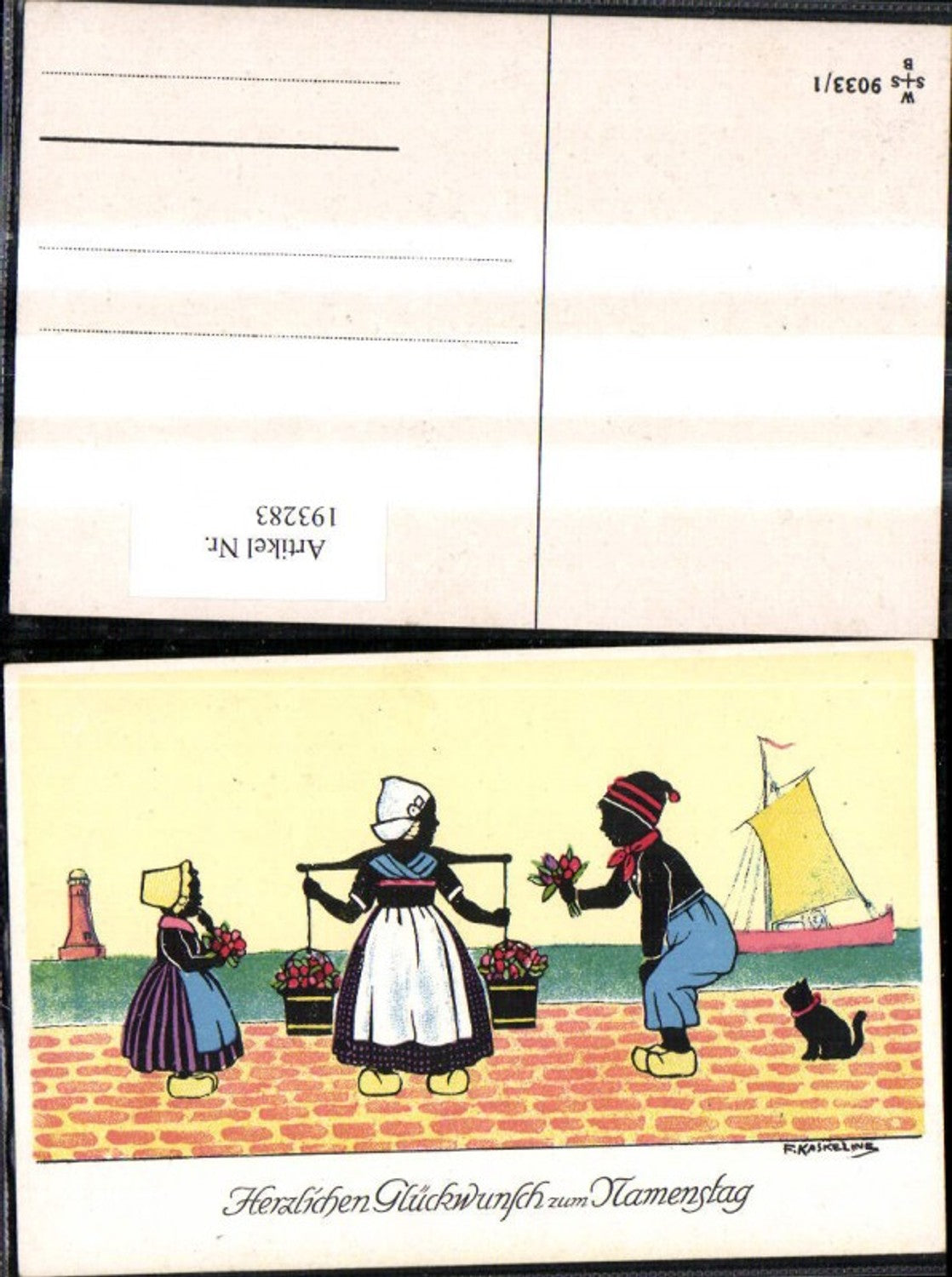 193283,Künstler Ak F. Kaskeline Scherenschnitt Silhouette Frau Mann Kind Kübel Eimer Blumen Segelschiff Katze Leuchttu