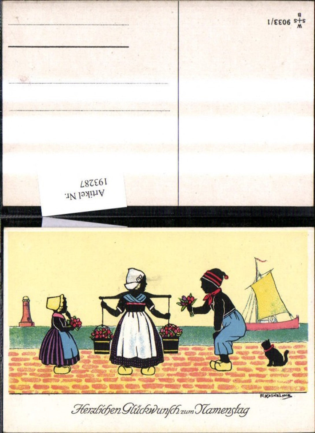 193287,Künstler Ak F. Kaskeline Scherenschnitt Silhouette Frau Mann Kind Kübel Eimer Blumen Segelschiff Katze Leuchttu