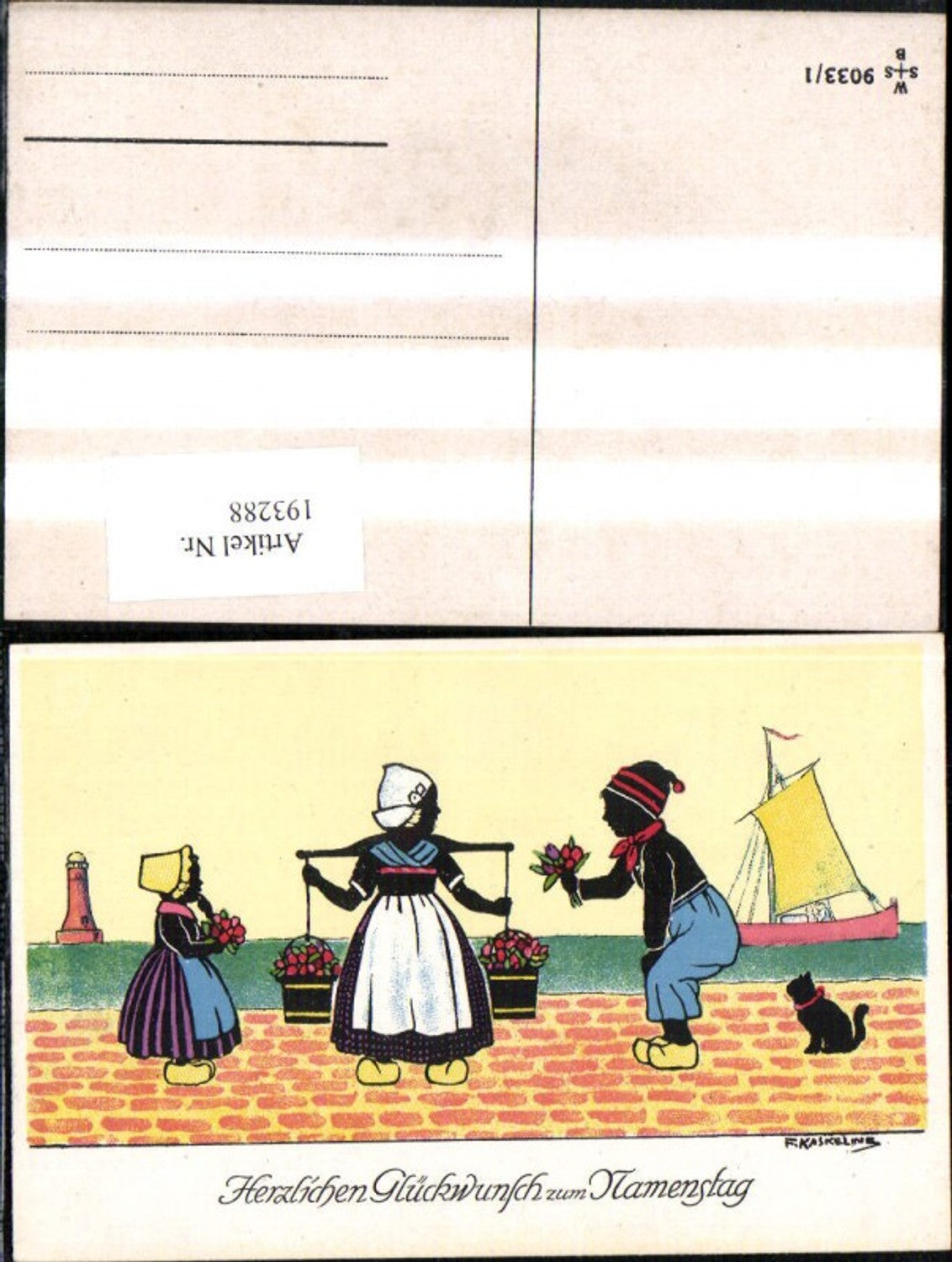 193288,Künstler Ak F. Kaskeline Scherenschnitt Silhouette Frau Mann Kind Kübel Eimer Blumen Segelschiff Katze Leuchttu