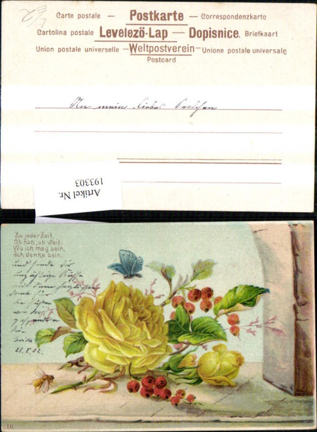 193303,Künstler Litho Rose Beeren Zweig Spruch Text