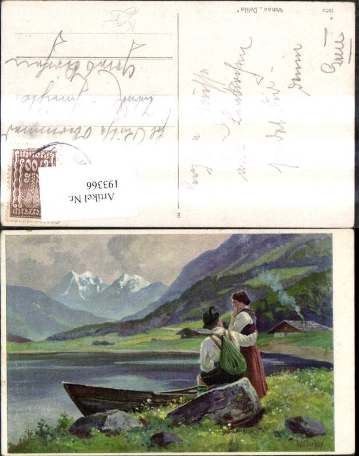 193366, Artist Ak W. Merker Wenau Delila Woman Man Traditional Costume a. Lake Mountains Rowboat Boat