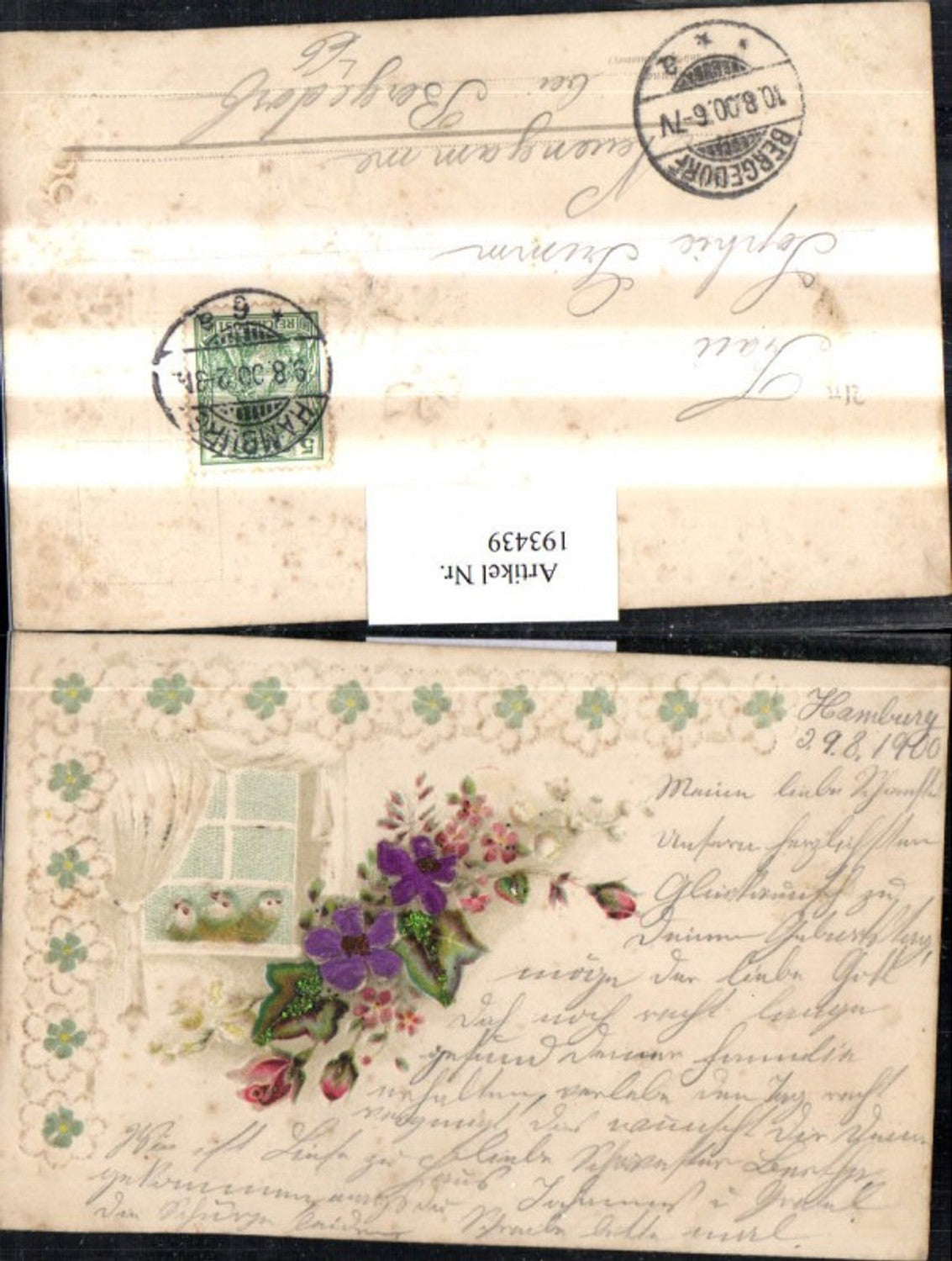 193439,Präge Litho AK Blumen Rosen Vögel Fenster Vorhang