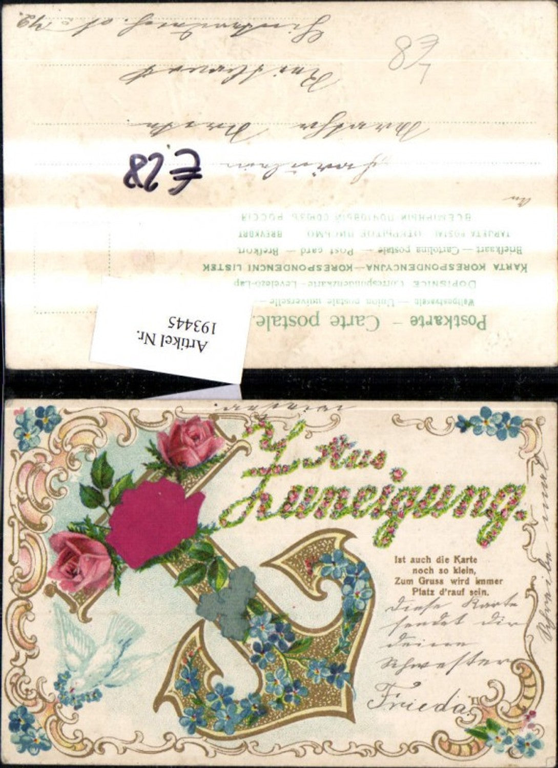 193445,Präge Litho AK Anker Blumen Rosen Taube Schnörkel „Aus Zuneigung“ Spruch
