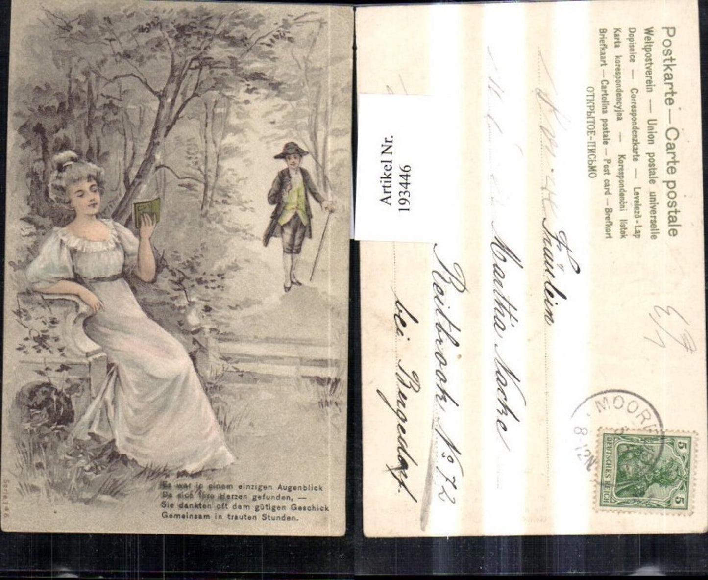 193446,Präge Litho AK Frau m. Kleid b. Lesen Mann m. Stock u. Hut Gedicht Spruch