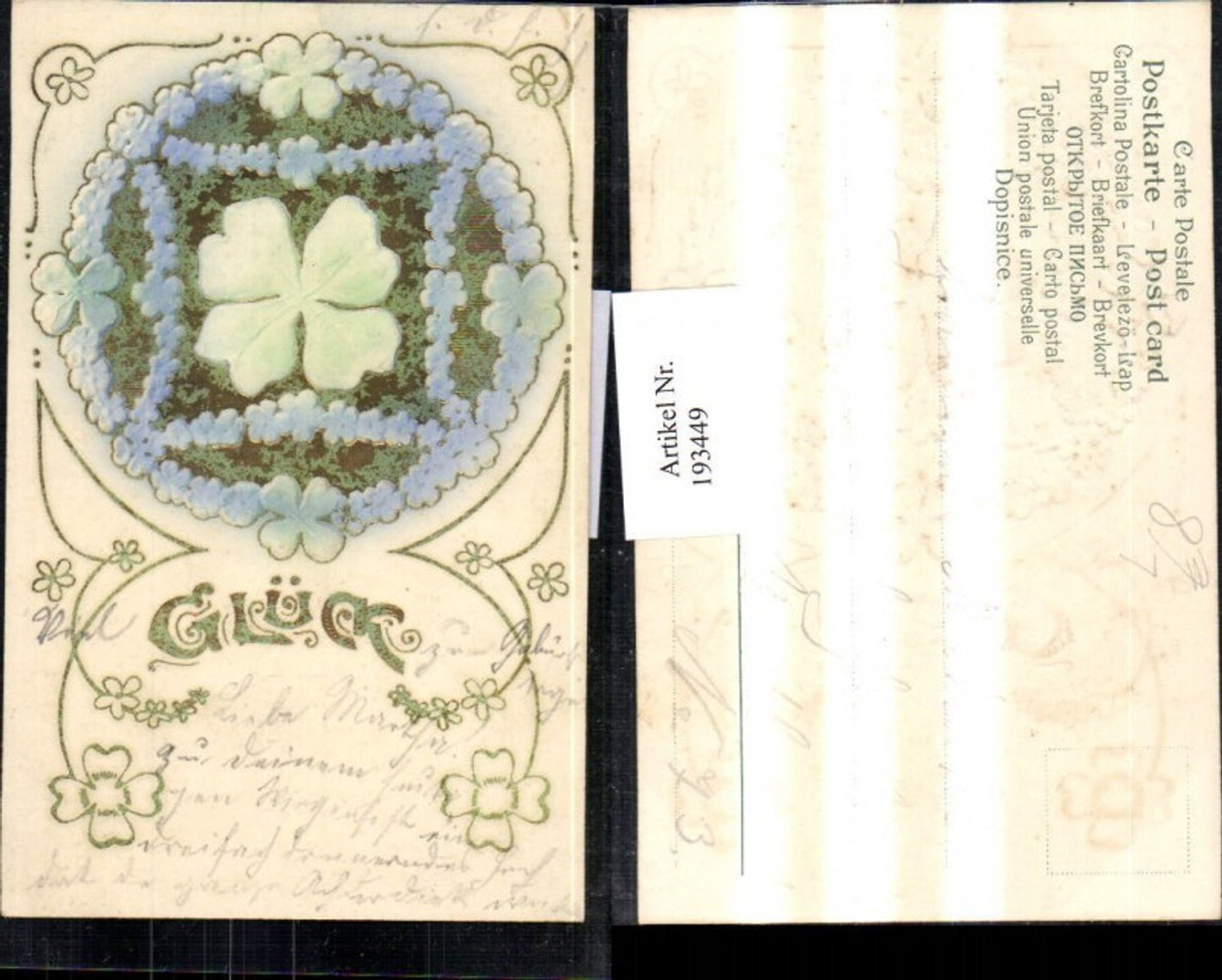 193449,Präge Litho AK „Glück“ Kleeblätter Klee Verzierungen