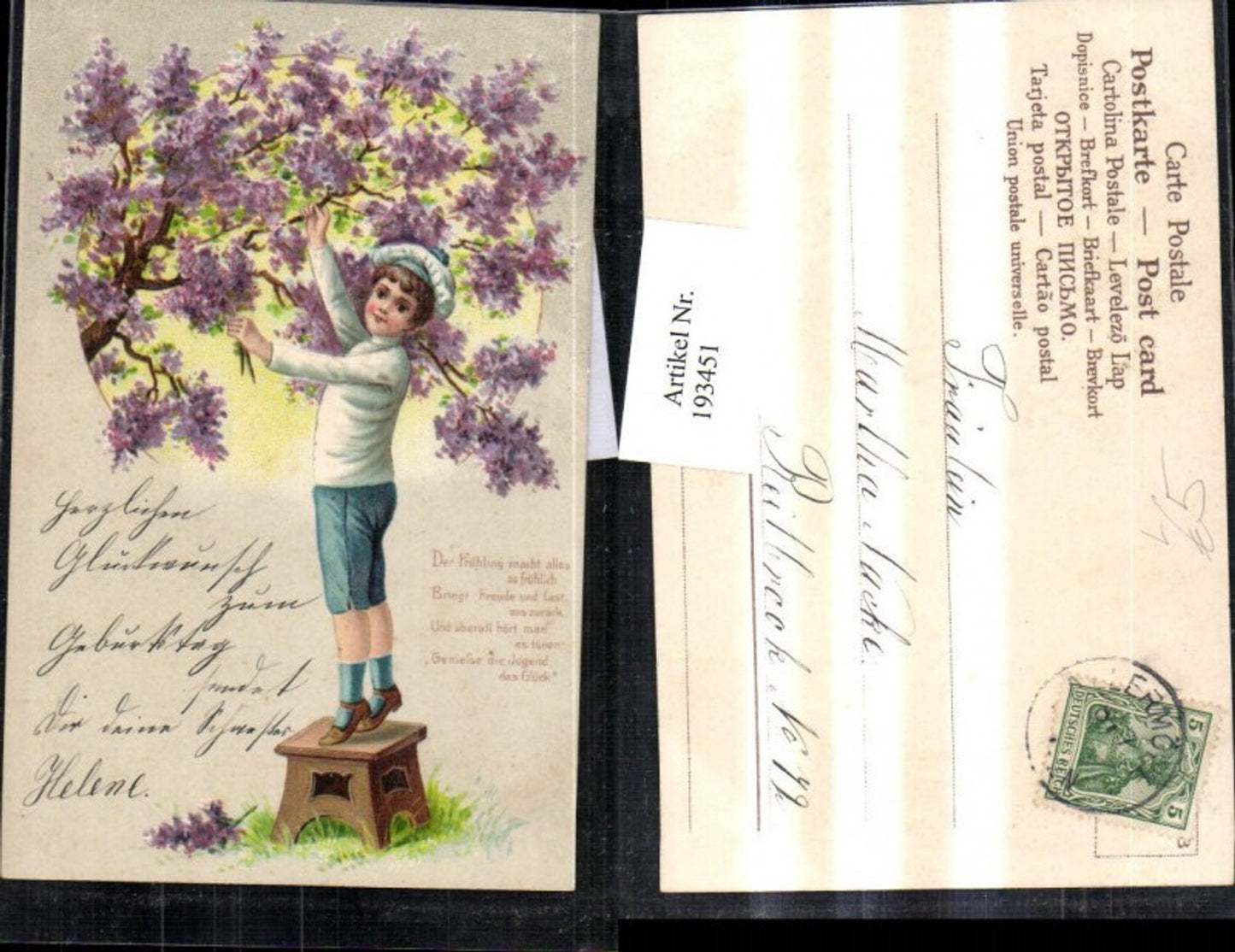 193451,Präge Litho AK Junge am Stockerl Baum Blüten Zweige Gedicht Spruch