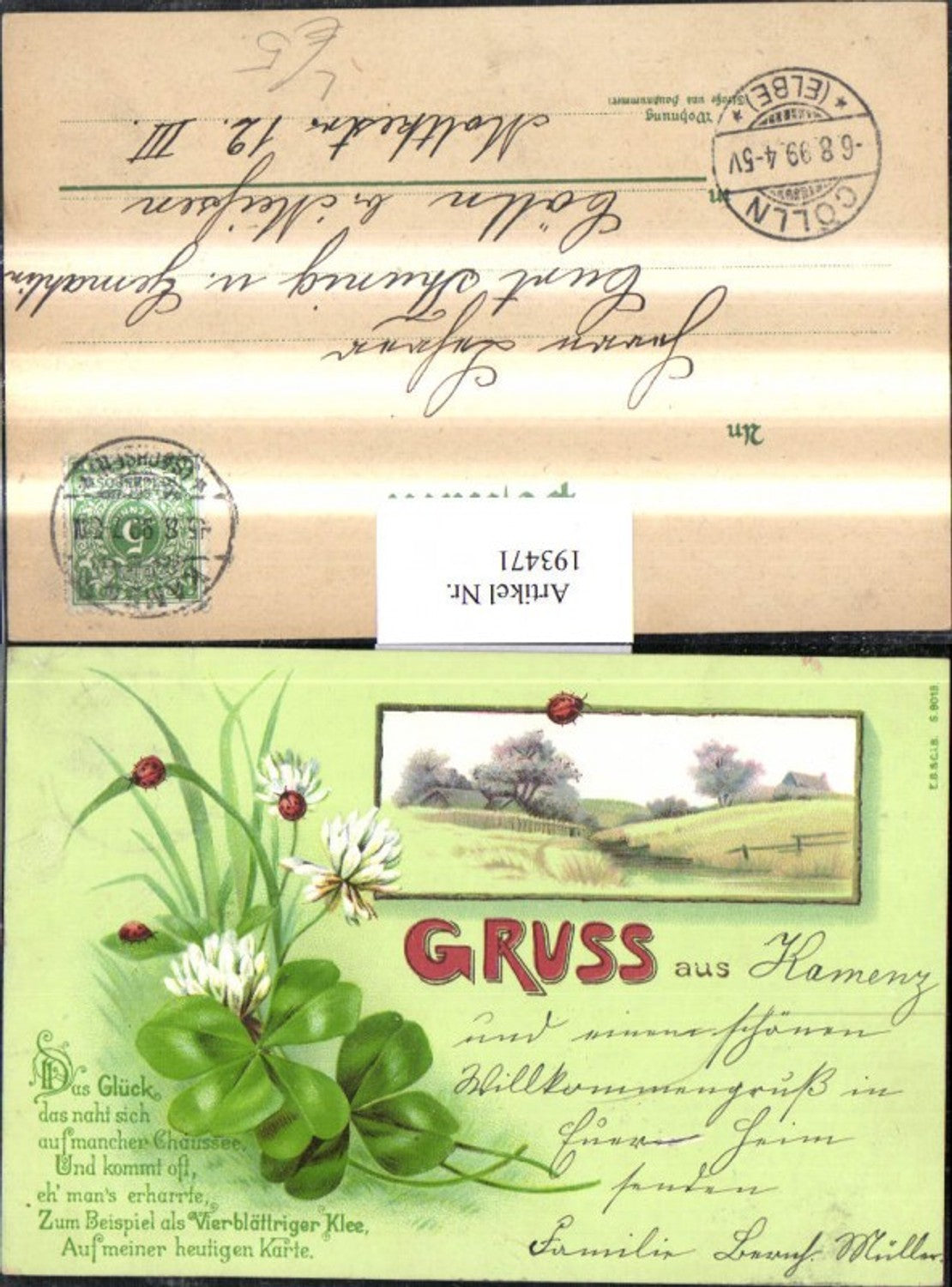 193471,Litho AK Landschaft Kleeblätter Klee Marienkäfer Gedicht Spruch