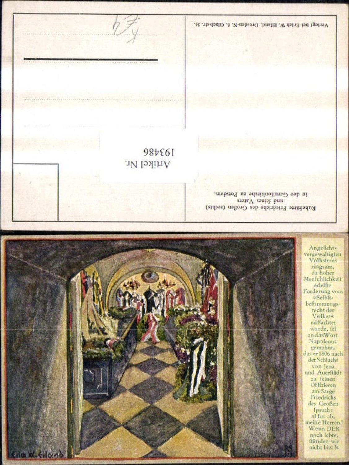 193486,Künstler AK Erich W. Eiland Ruhestätte Friedrich d. Großen rechts u. sein Vater i. d. Garnisonkirche zu Potsda