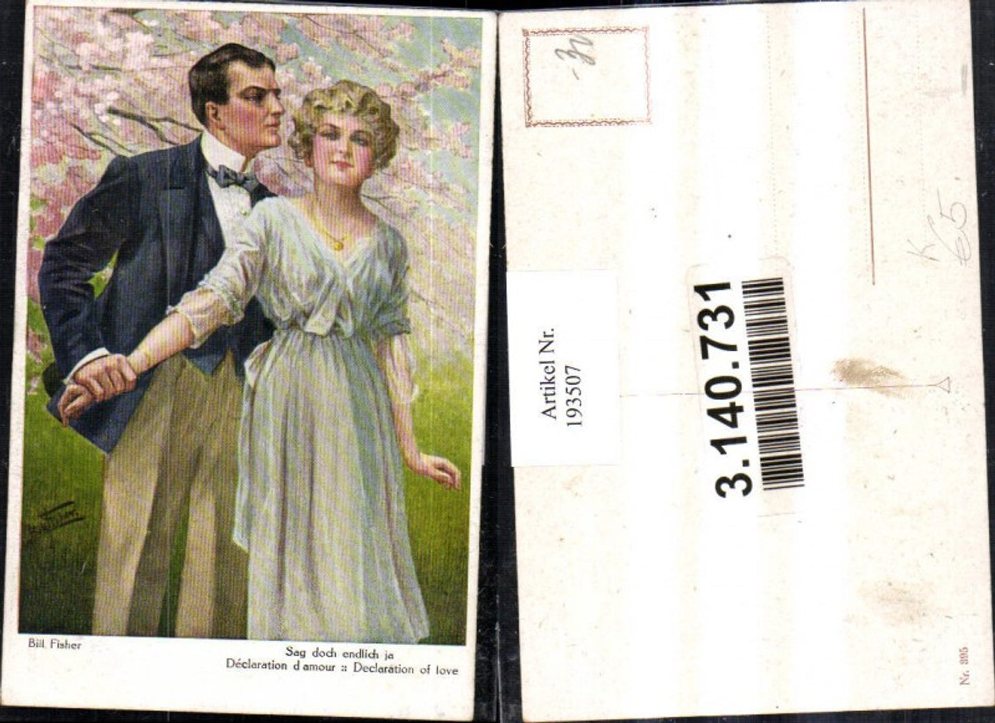 193507,Künstler AK Bill Fisher „Sag doch endlich ja“ Mann u. Frau Kleid Kette Fliege