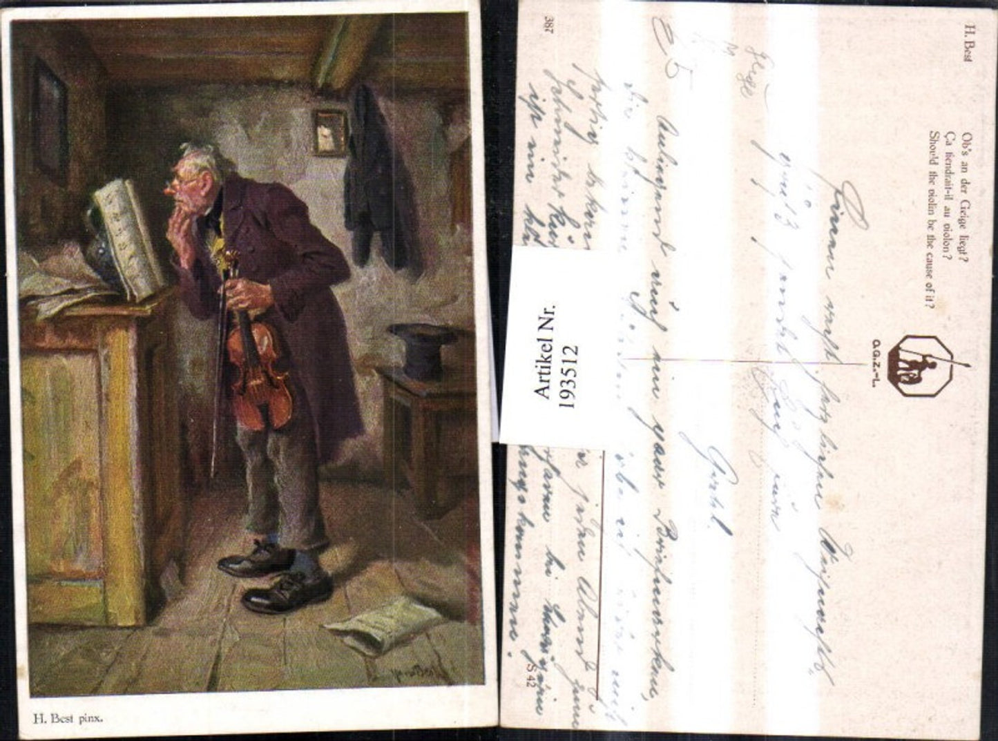 193512,Künstler AK H. Best Mann m. Brille Geige Notenblätter