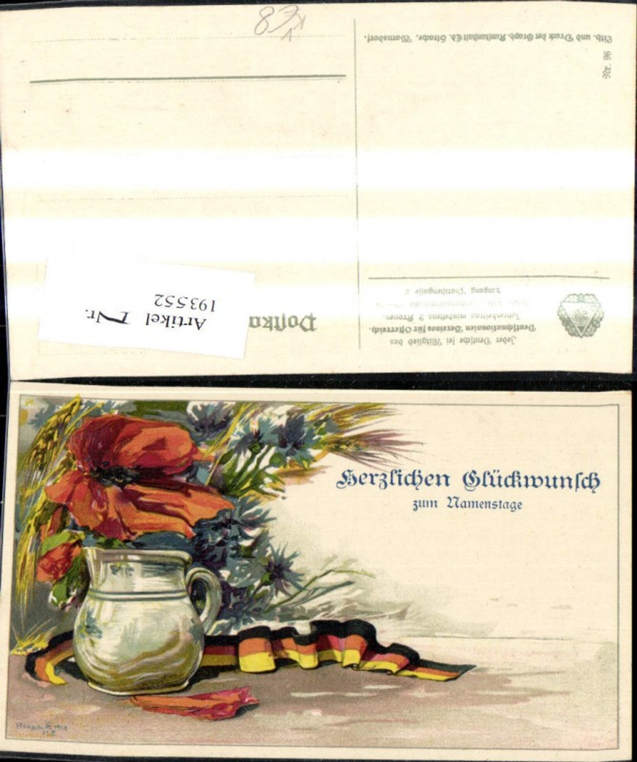 193552,Künstler Ak Roubalik Vase Krug m. Mohnblume Schleife Patriotik Deutschnationalverein Namenstag pub Ed. Strache