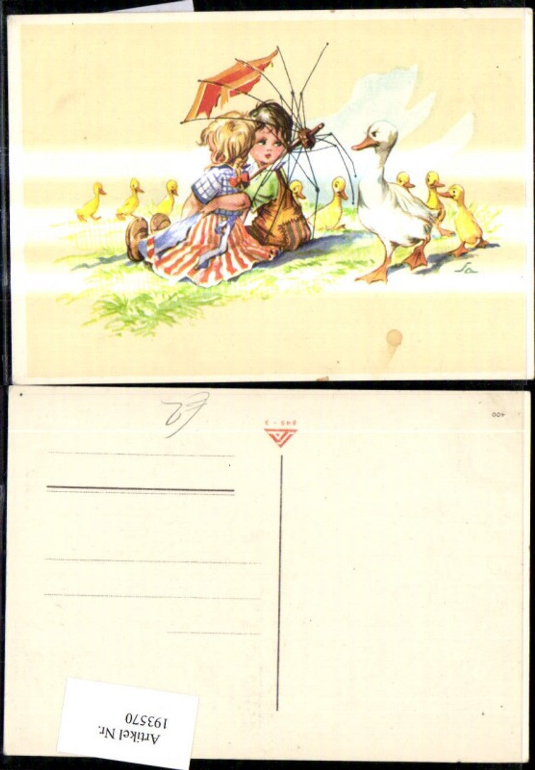 193570,Künstler Ak Kinder unter kaputten Regenschirm Gans m. Küken