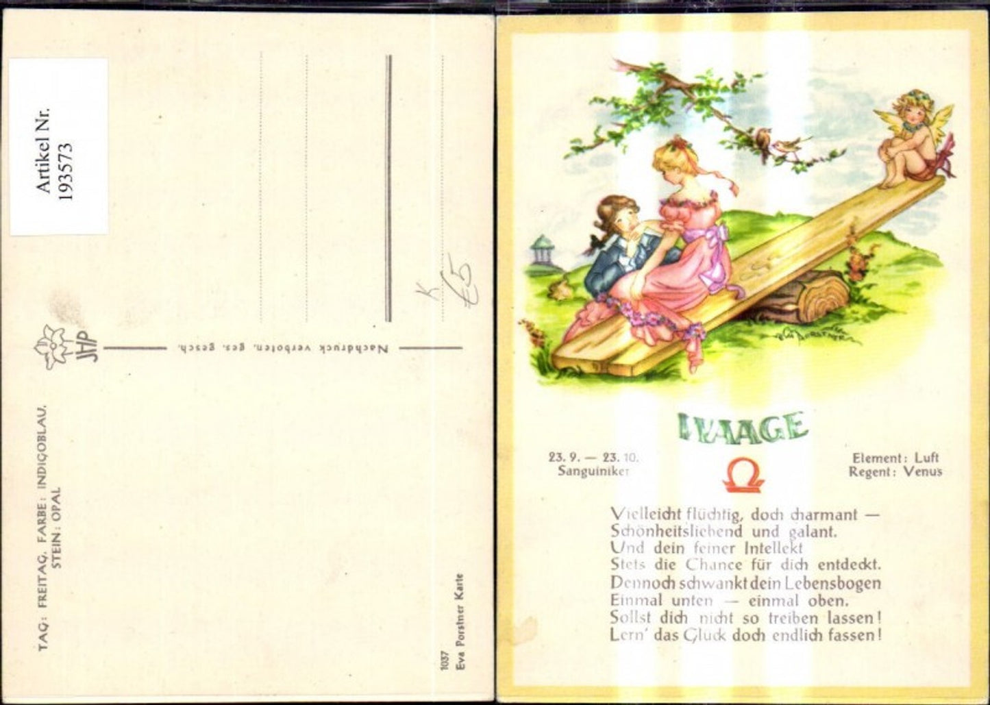 193573,Künstler Ak Eva Porstner Sternzeichen Waage Spruch Text