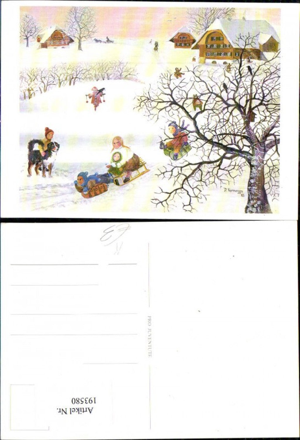 193580,Künstler Ak D. Vernazzer Winterlandschaft Dorf m. Kinder b. Rodeln Schlittenfahren Hund