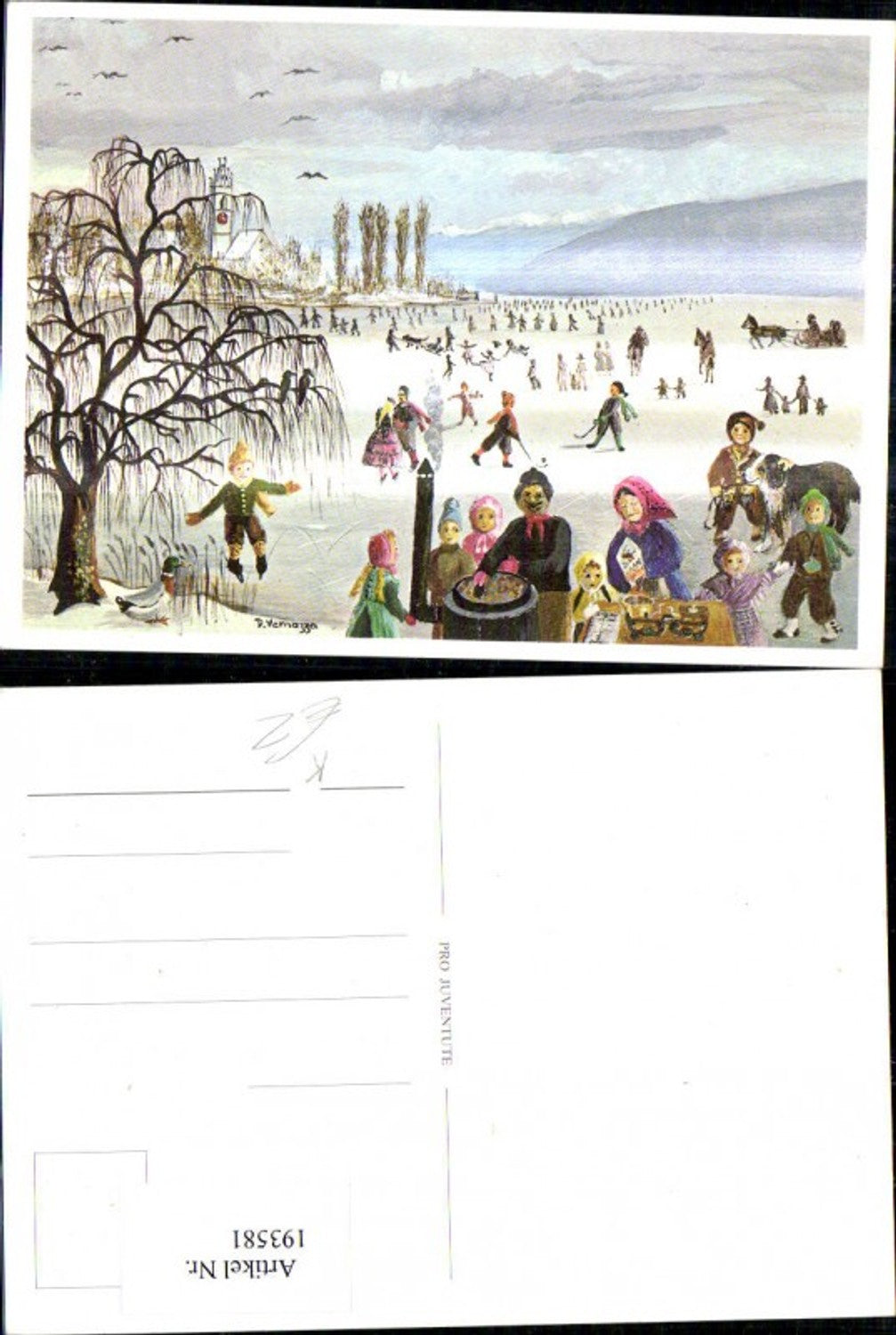 193581, Artist Ak D. Vernazzer Wintersee with people ice skating chestnut roaster duck dog