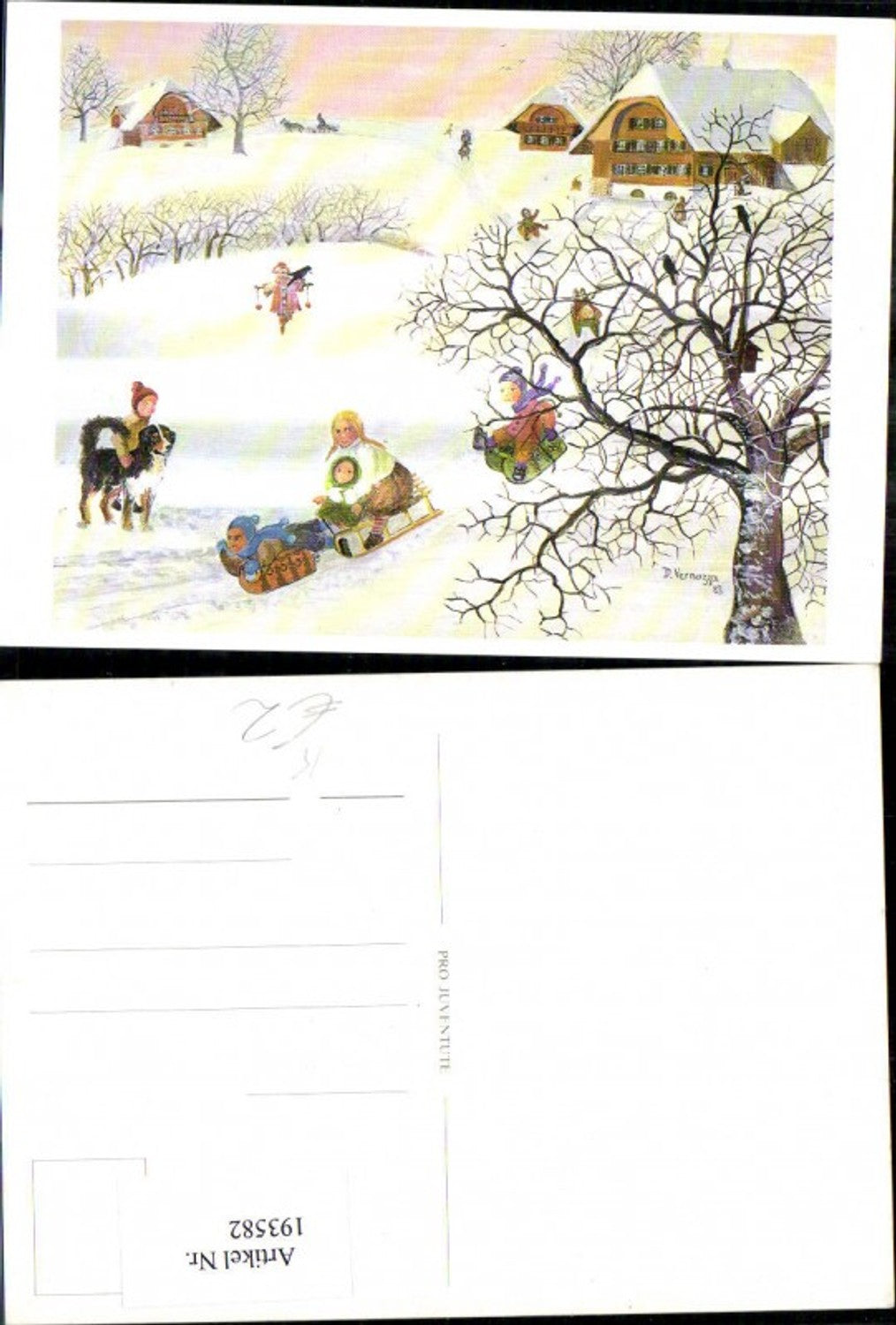 193582,Künstler Ak D. Vernazzer Winterlandschaft Dorf m. Kinder b. Rodeln Schlittenfahren Hund