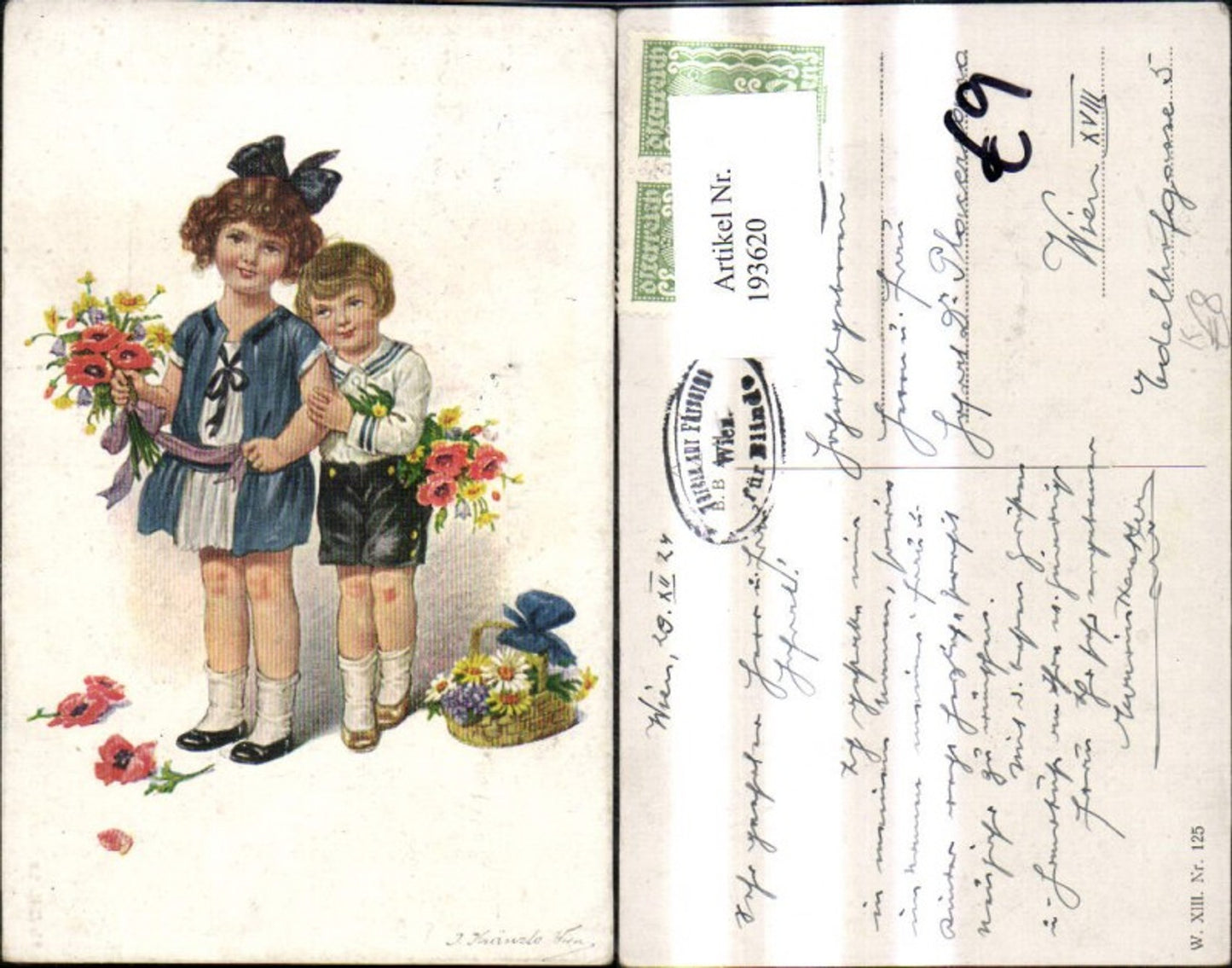 193620,Künstler Ak J. Kränzle Mädchen Junge Matrosenanzug Blumen Strauß
