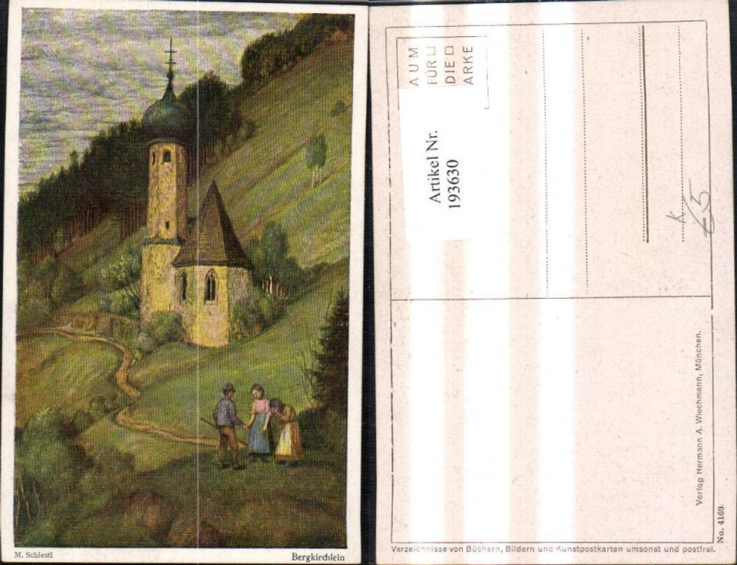 193630,Künstler Ak M. Schiestl Bergkirchlein Kirche Frauen Mann