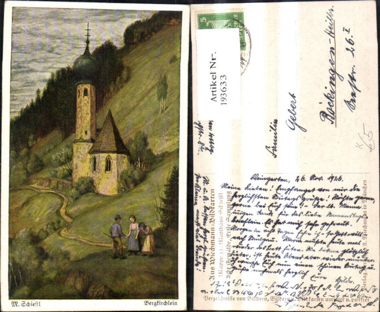 193633,Künstler Ak M. Schiestl Bergkirchlein Kirche Frauen Mann