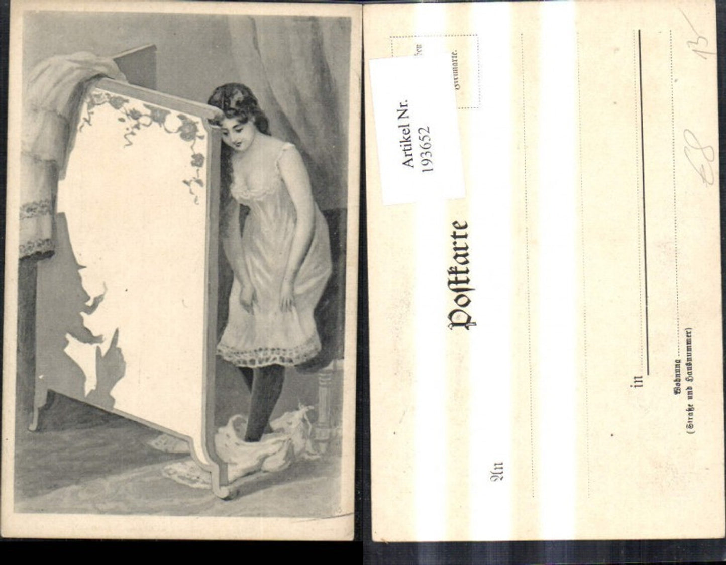 193652,Künstler Ak Erotik Frau m. Umkleiden hinter Paravent