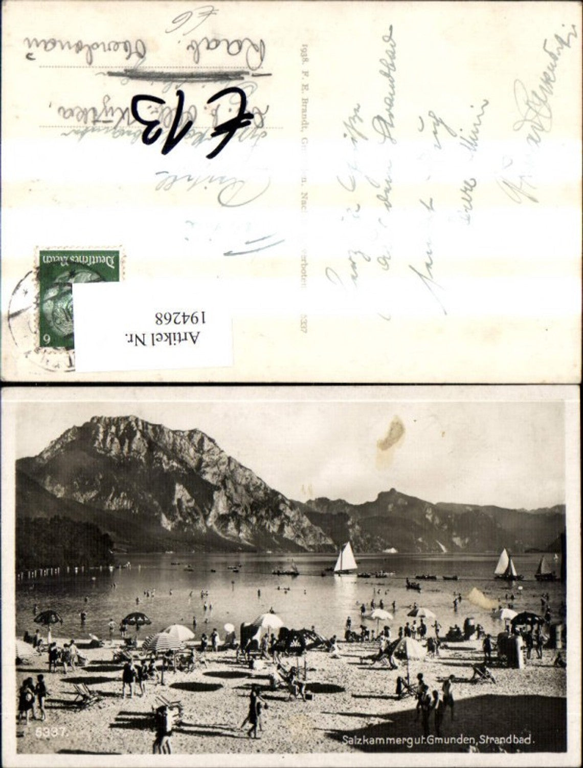 194268,Gmunden Strandbad Badegäste Segelboote Boote Salzkammergut pub F. E. Brandt 5337