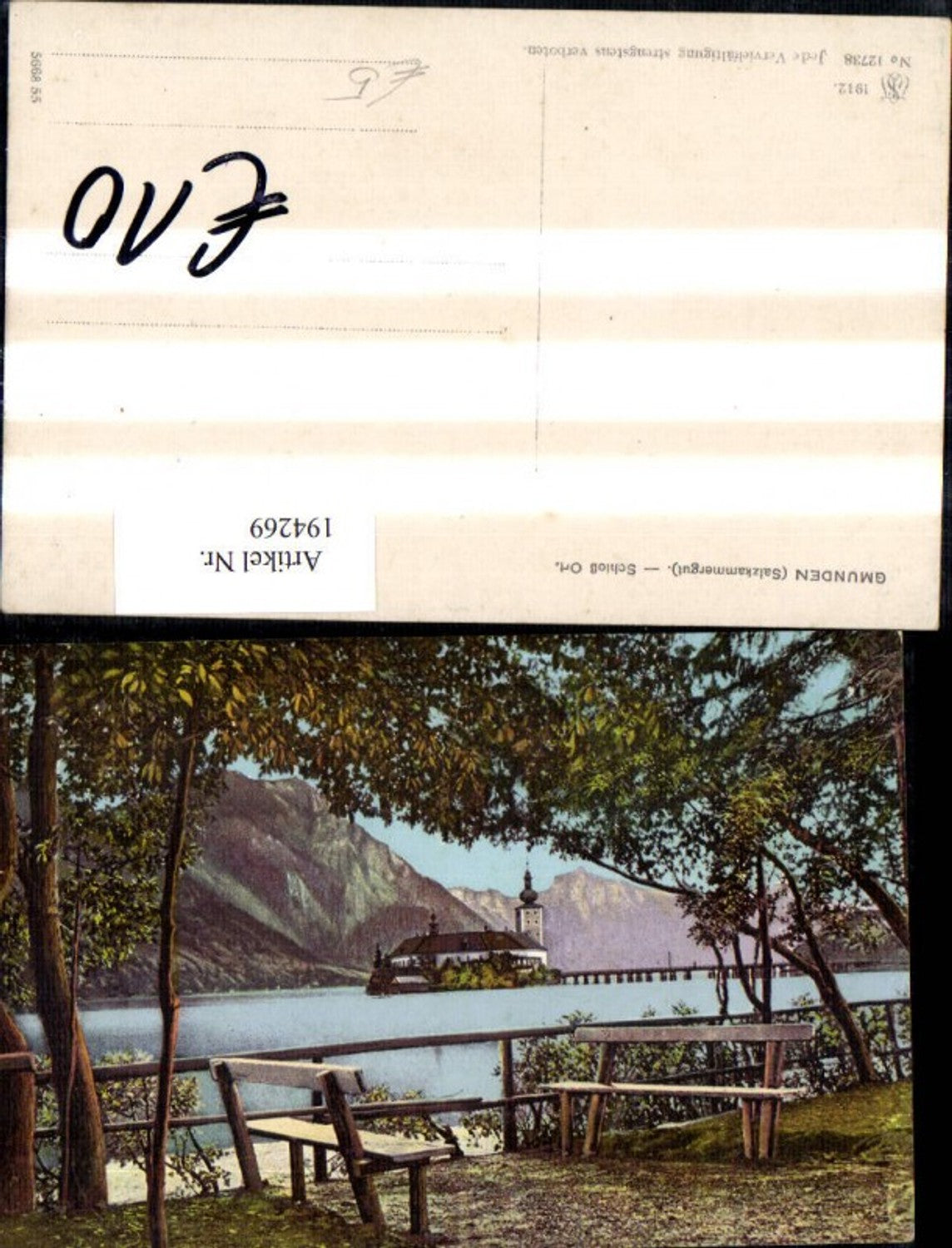 194269,Gmunden Schloss Ort Salzkammergut Traunsee Ansicht m. Bank Ufer i. Vordergrund