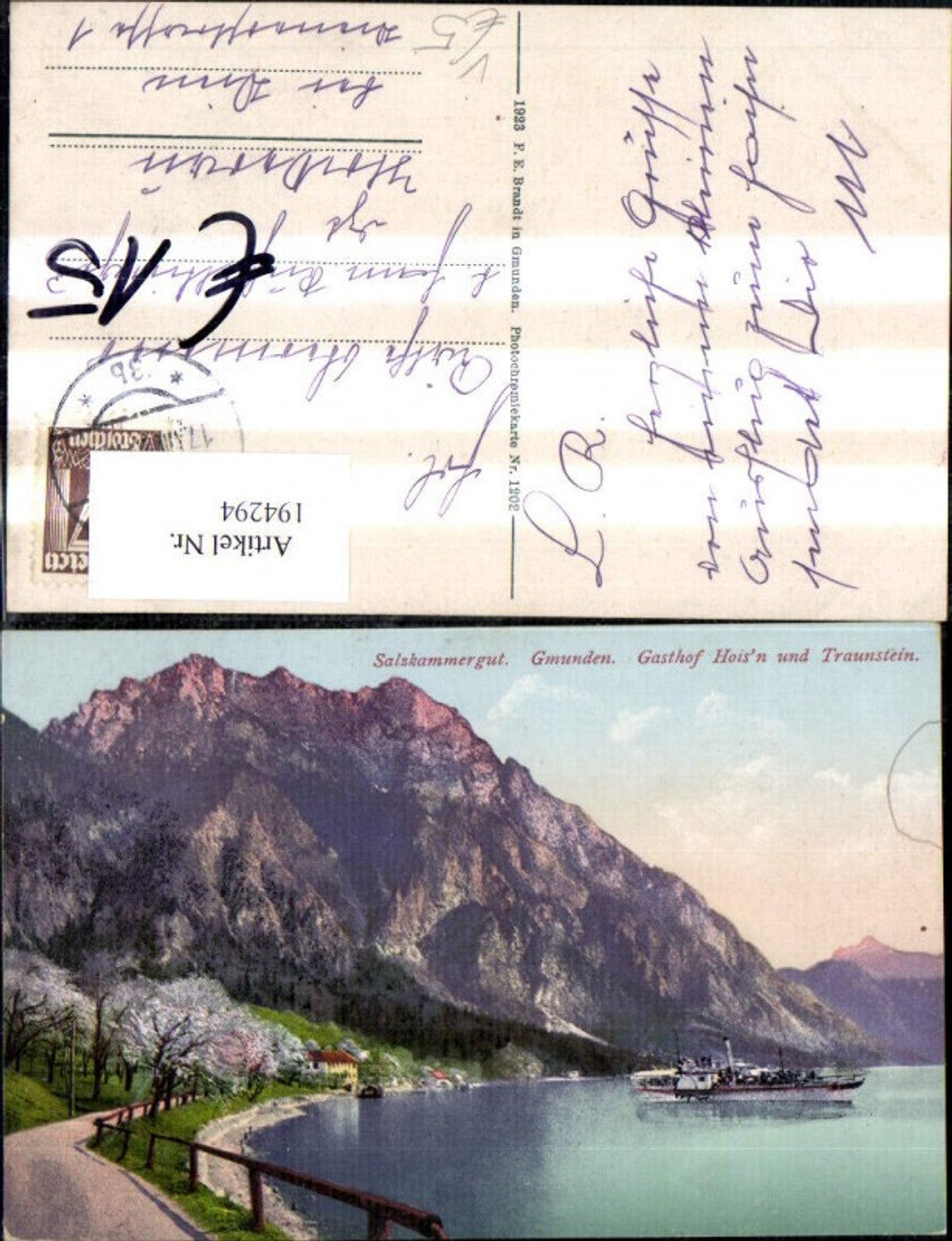 194294,Gmunden Gasthof Hoisn u. Traunstein Schiff Dampfer Salzkammergut pub F. E. Brandt 1202